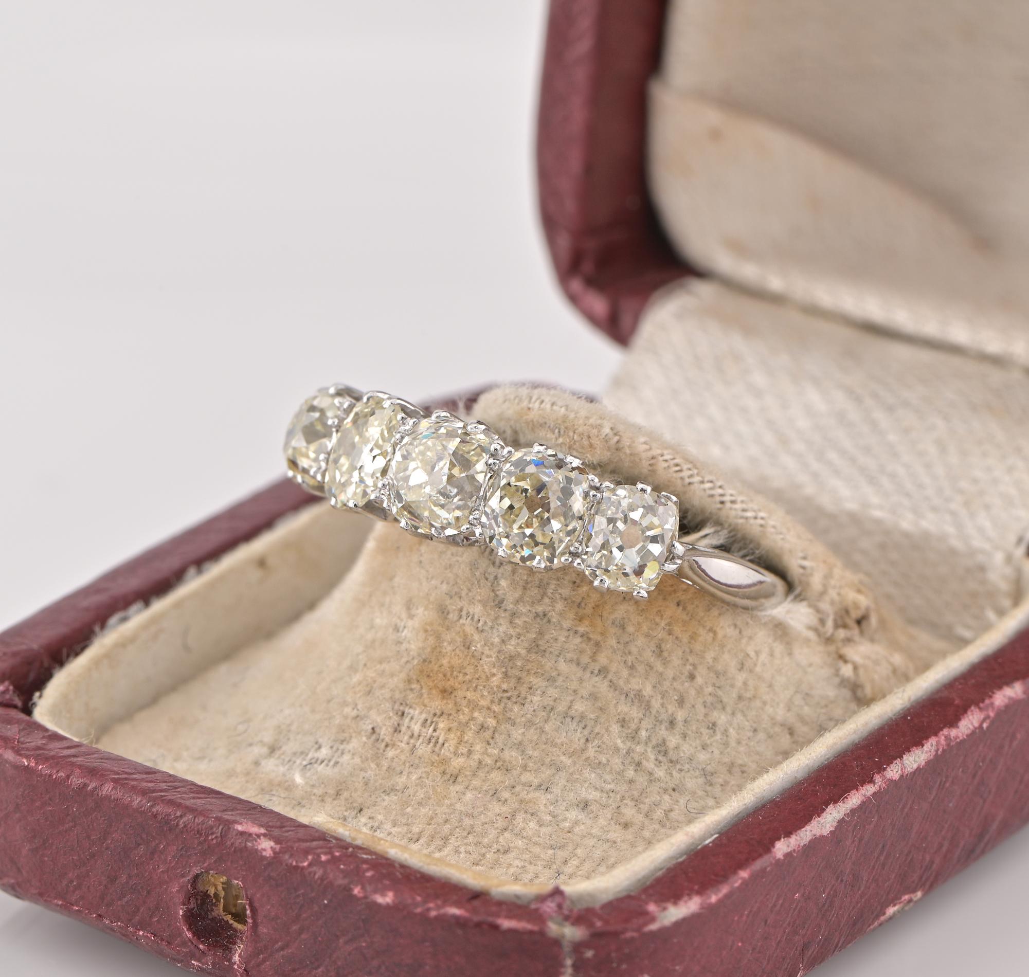 Women's Art Deco 3.00 Ct Diamond Old Mine Five Stone Platinum Ring For Sale