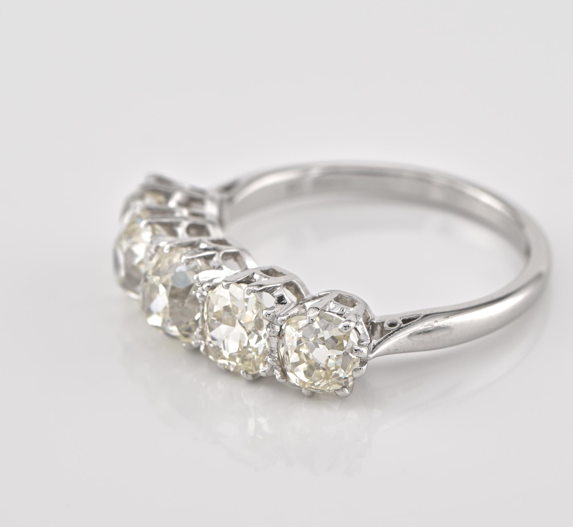 Art Deco 3.00 Ct Diamond Old Mine Five Stone Platinum Ring For Sale 1