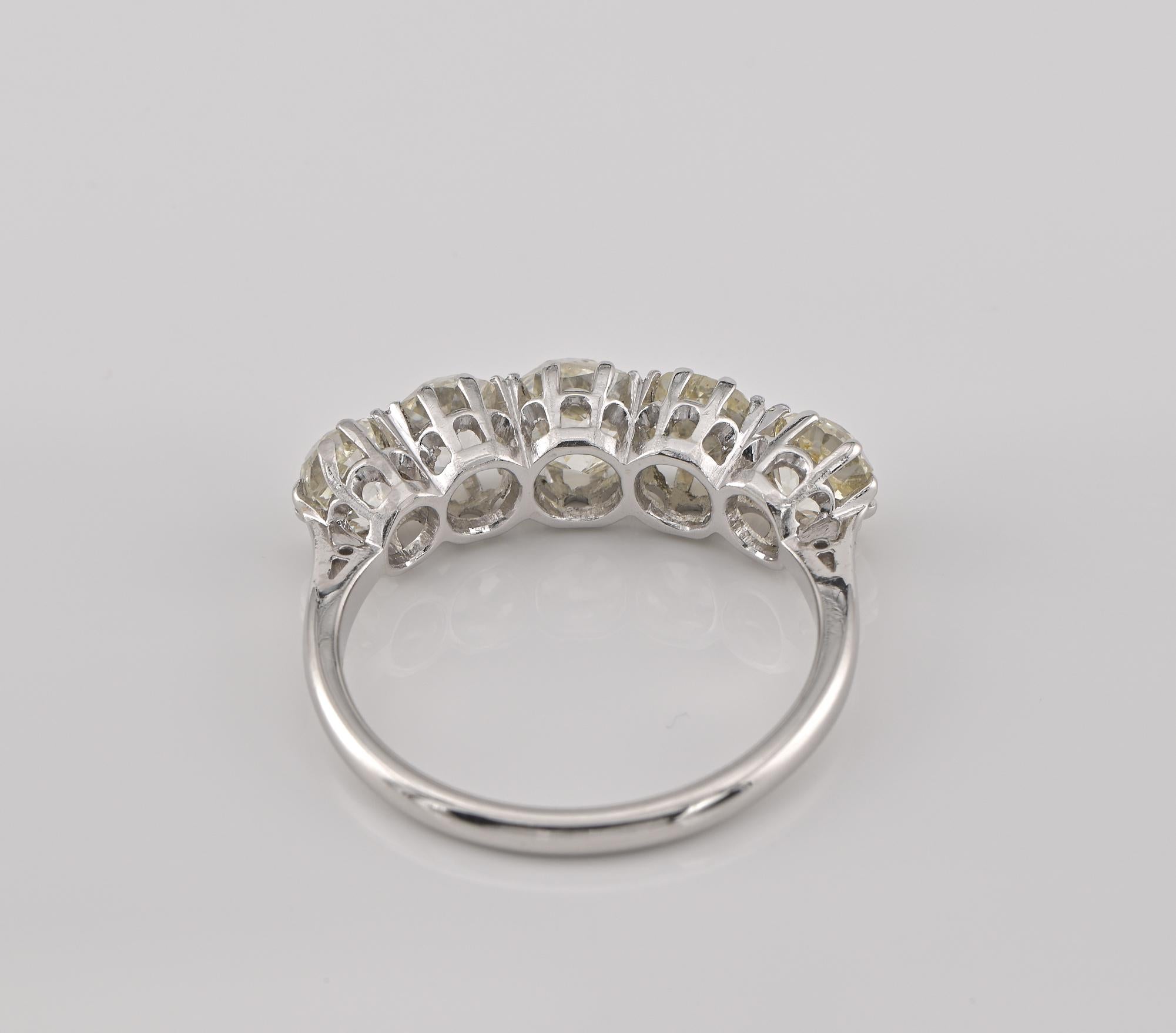 Art Deco 3.00 Ct Diamond Old Mine Five Stone Platinum Ring For Sale 3