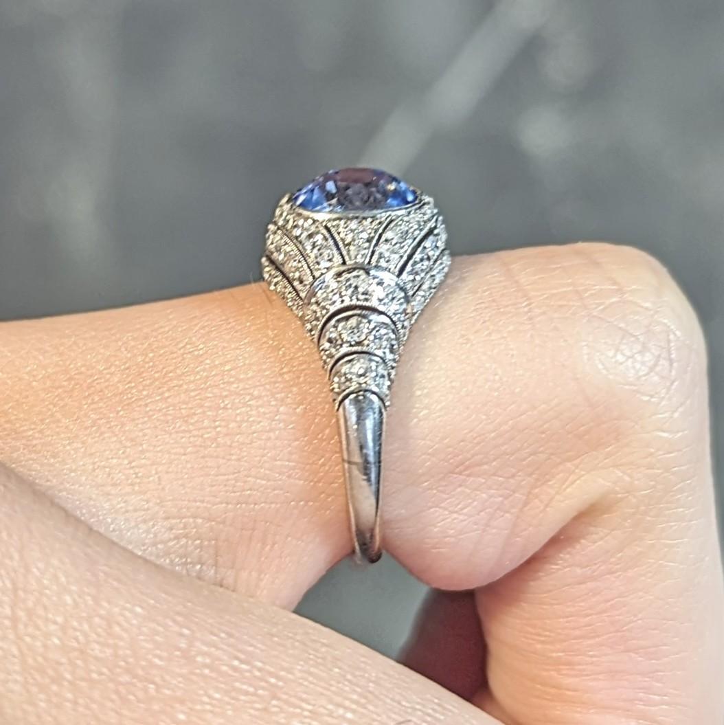 Art Deco 3,00 CTW keine Hitze Ceylon Saphir Diamant Platin Bombé Ring GIA 10