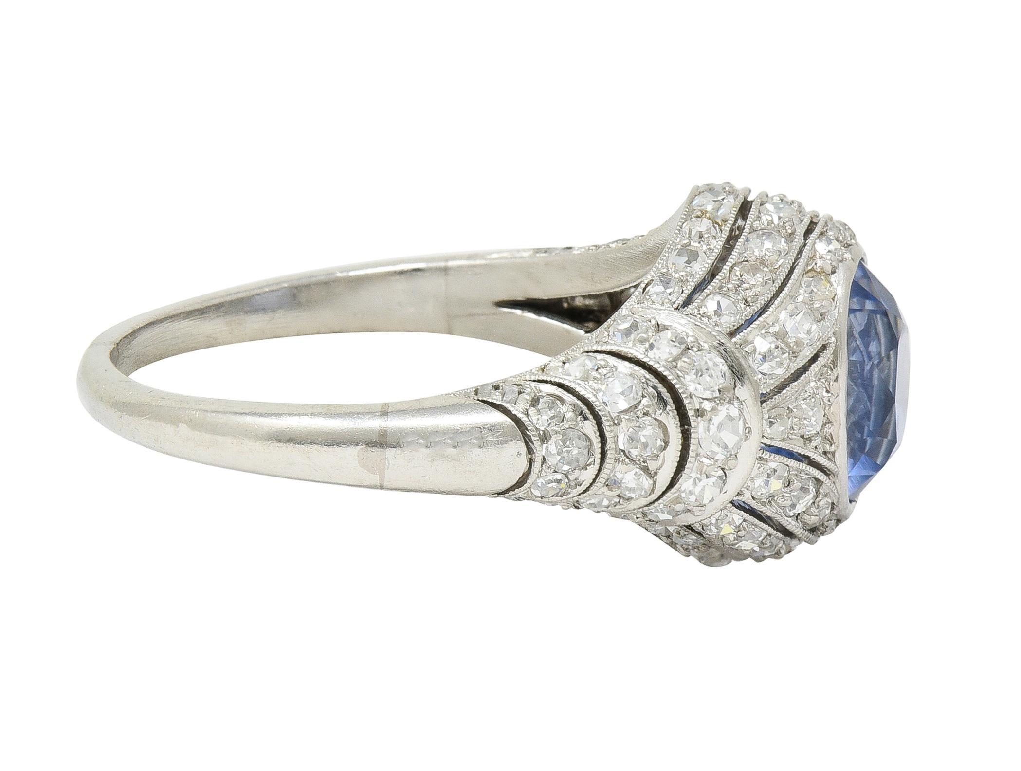 Round Cut Art Deco 3.00 CTW No Heat Ceylon Sapphire Diamond Platinum Bombé Ring GIA For Sale