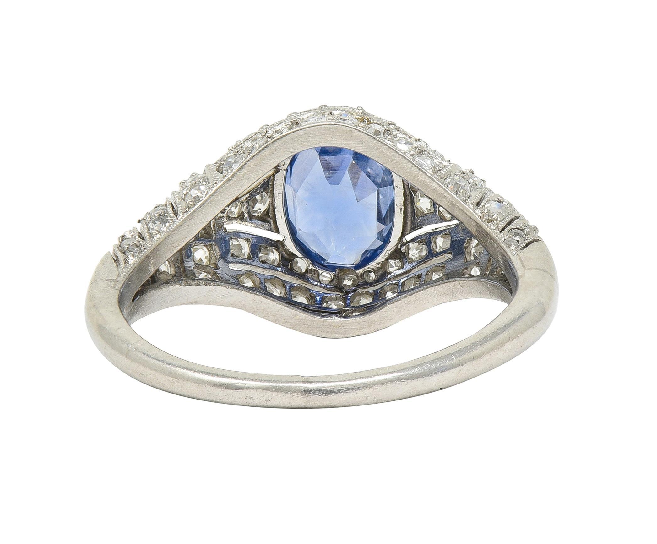 Art Deco 3.00 CTW No Heat Ceylon Sapphire Diamond Platinum Bombé Ring GIA In Excellent Condition For Sale In Philadelphia, PA