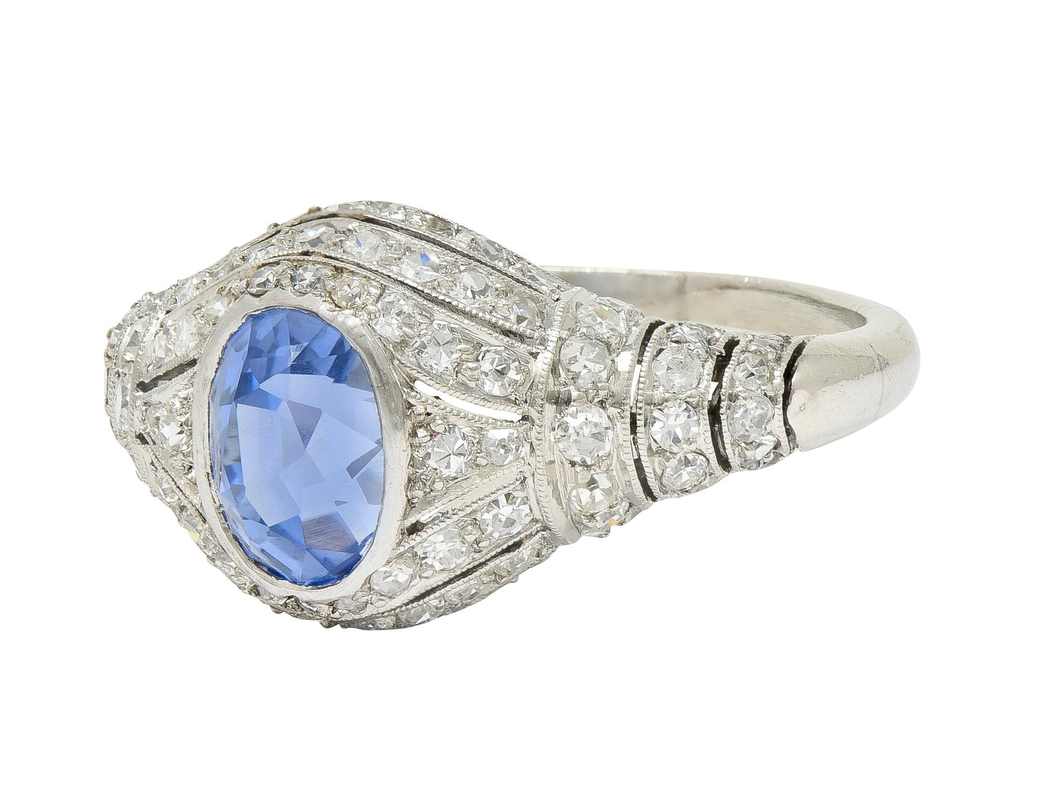 Art Deco 3.00 CTW No Heat Ceylon Sapphire Diamond Platinum Bombé Ring GIA For Sale 1