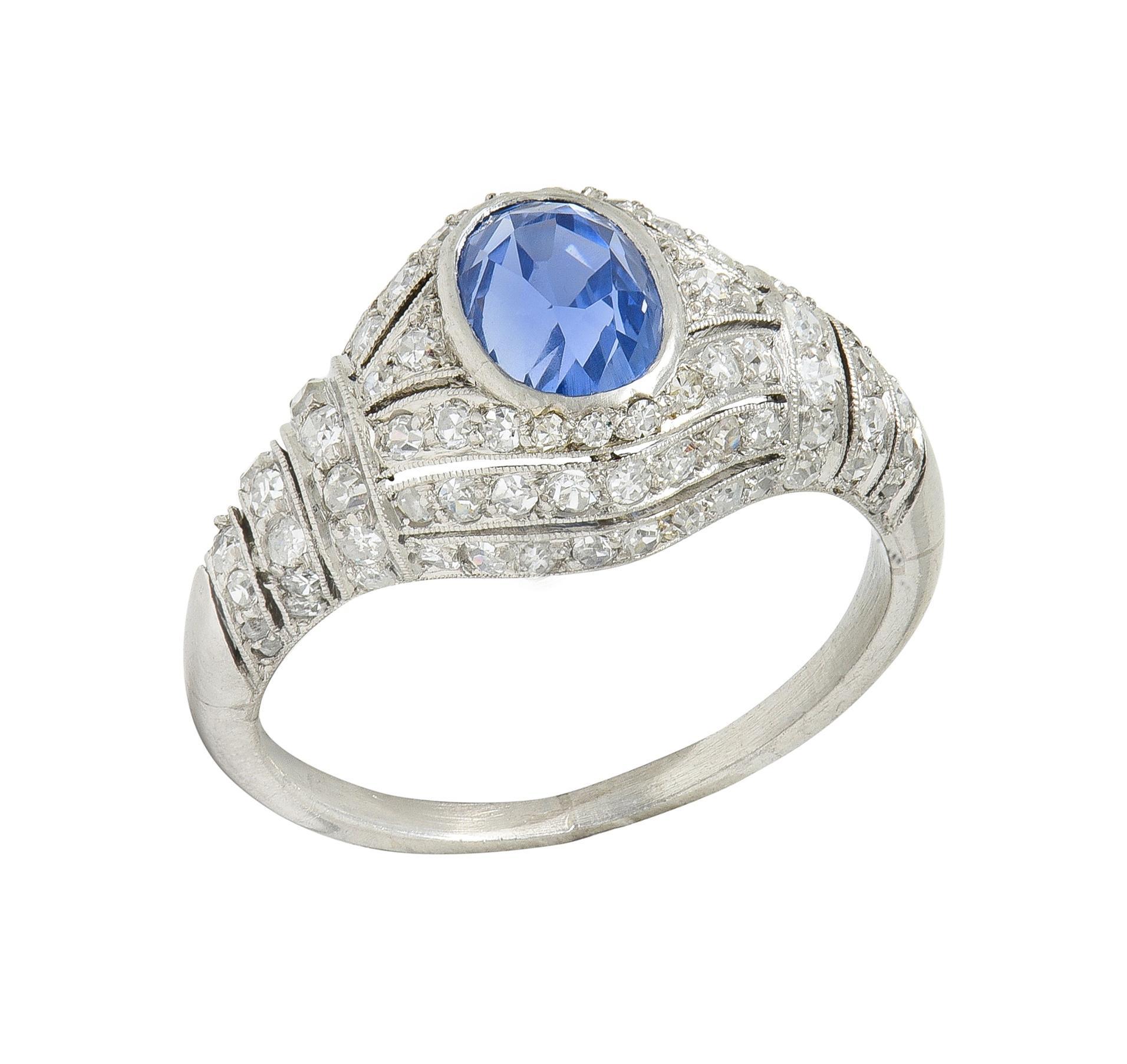 Art Deco 3.00 CTW No Heat Ceylon Sapphire Diamond Platinum Bombé Ring GIA For Sale 2