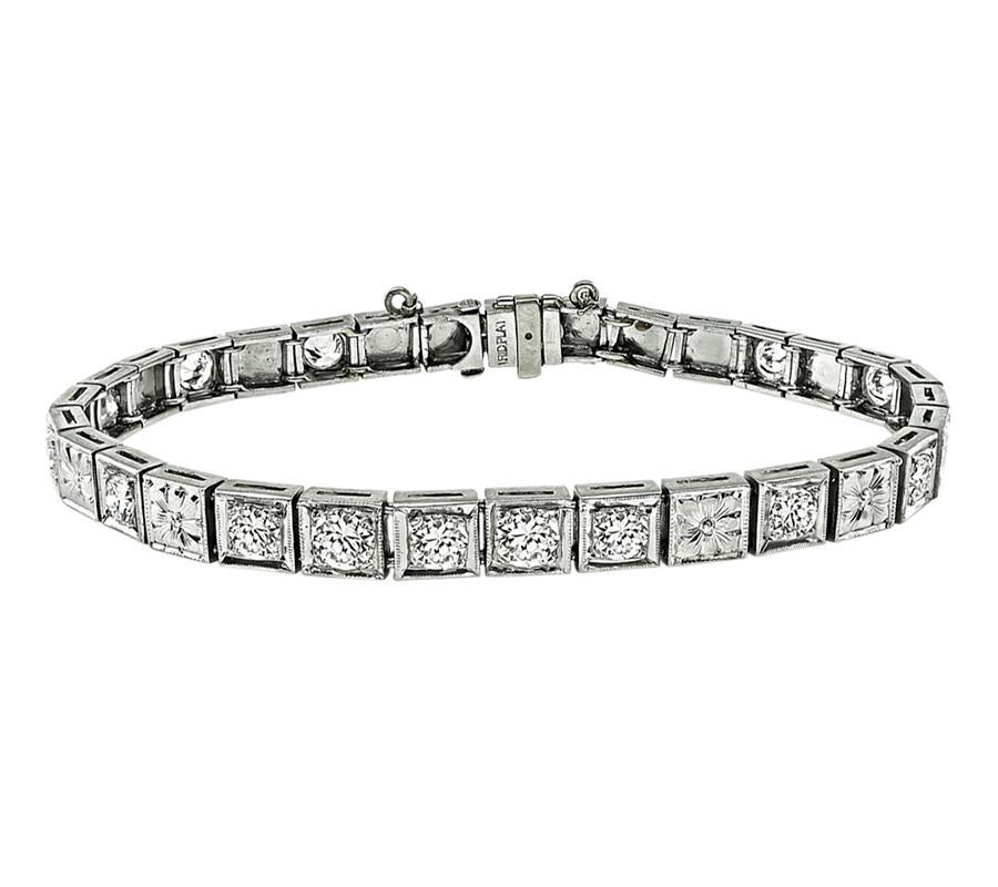 Old European Cut Art Deco 3.00ct Diamond Platinum Line Bracelet For Sale