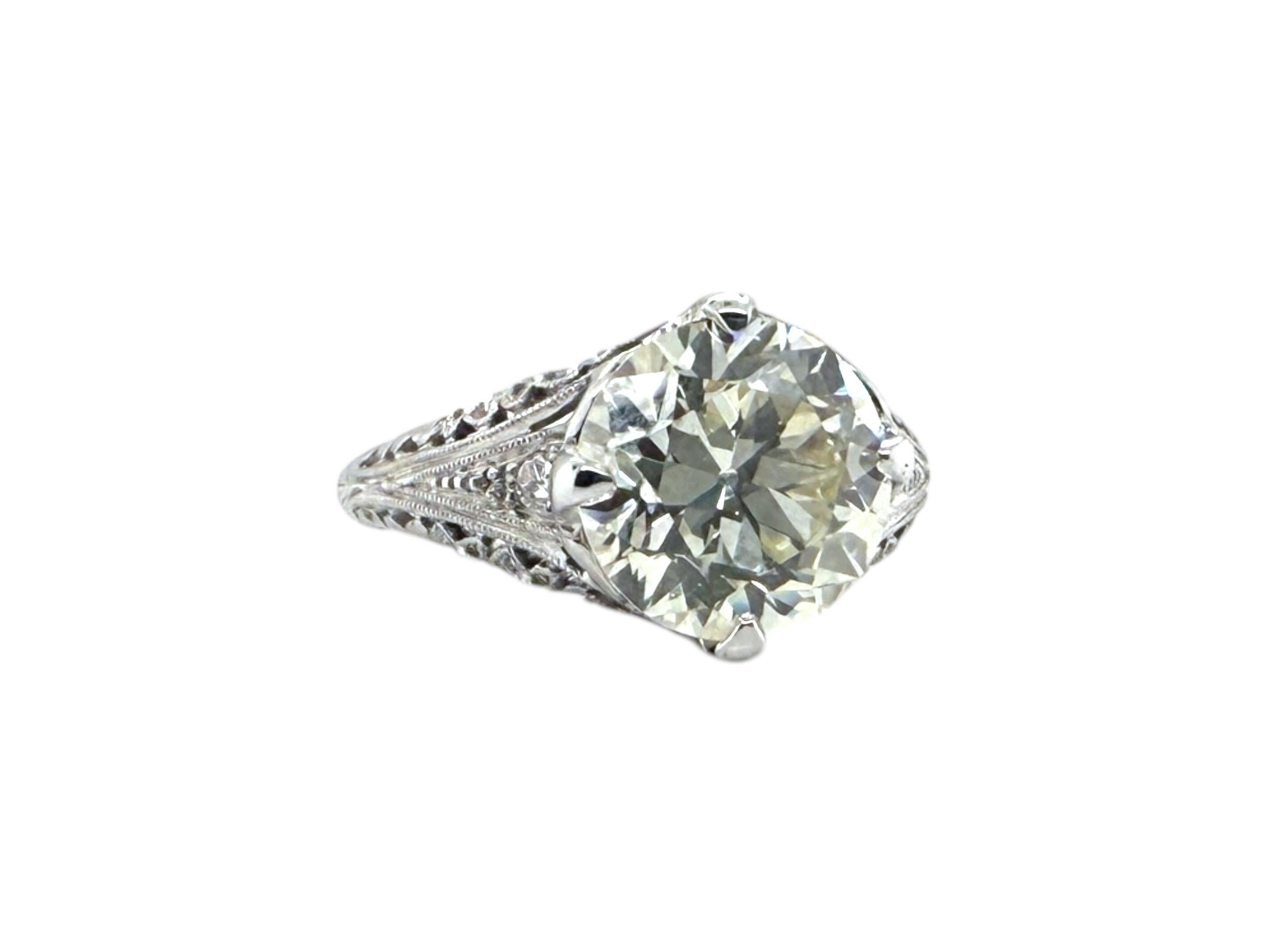Art Deco 3.01 Carat Old European Cut Diamond Platinum Engagement Ring GIA For Sale 7