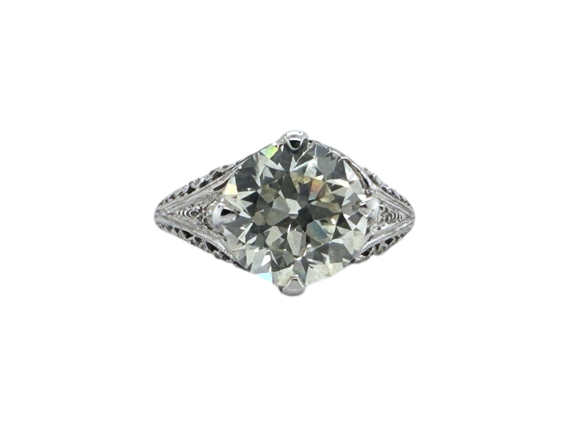Art Deco 3.01 Carat Old European Cut Diamond Platinum Engagement Ring GIA For Sale 1