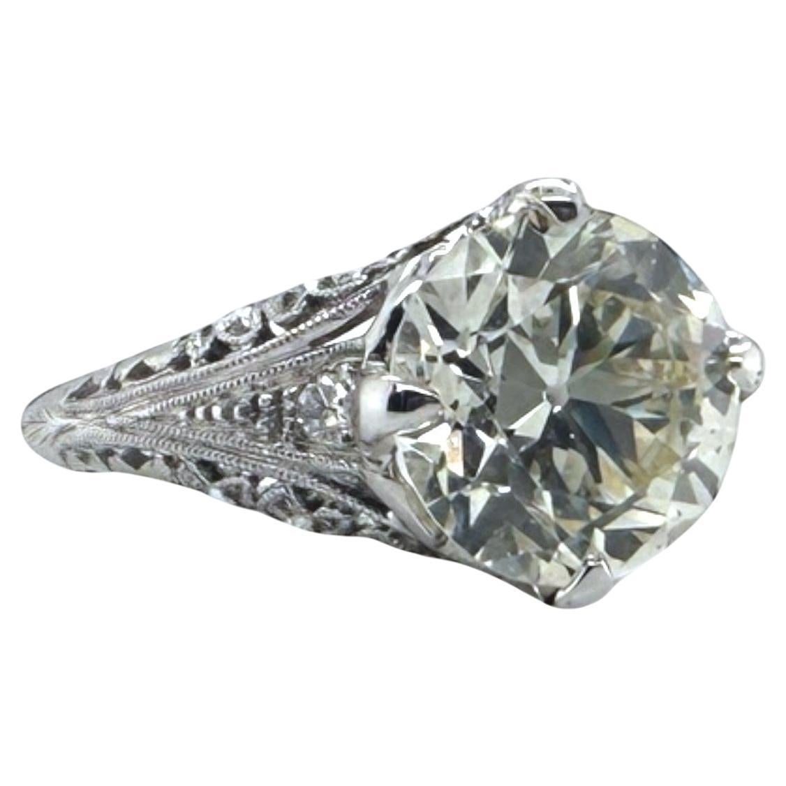Bague de fiançailles Art déco en platine avec diamant taille européenne ancienne de 3.01 carats certifié GIA