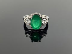 Art Deco 3.01 Carat Zambian Oval Emerald & Diamond Engagement Ring