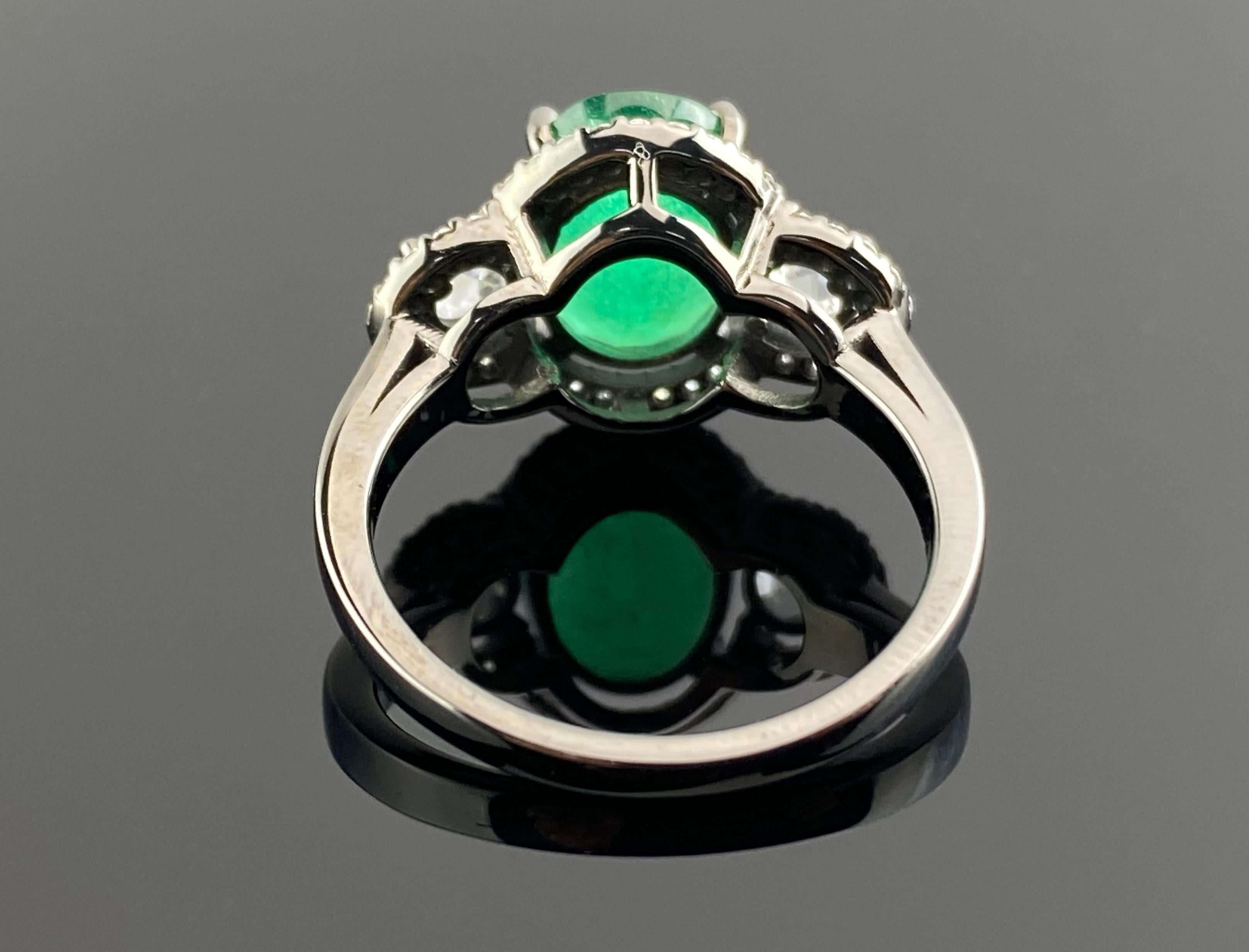 Women's Art Deco 3.01 Carat Zambian Oval Emerald & Diamond Engagement Ring For Sale
