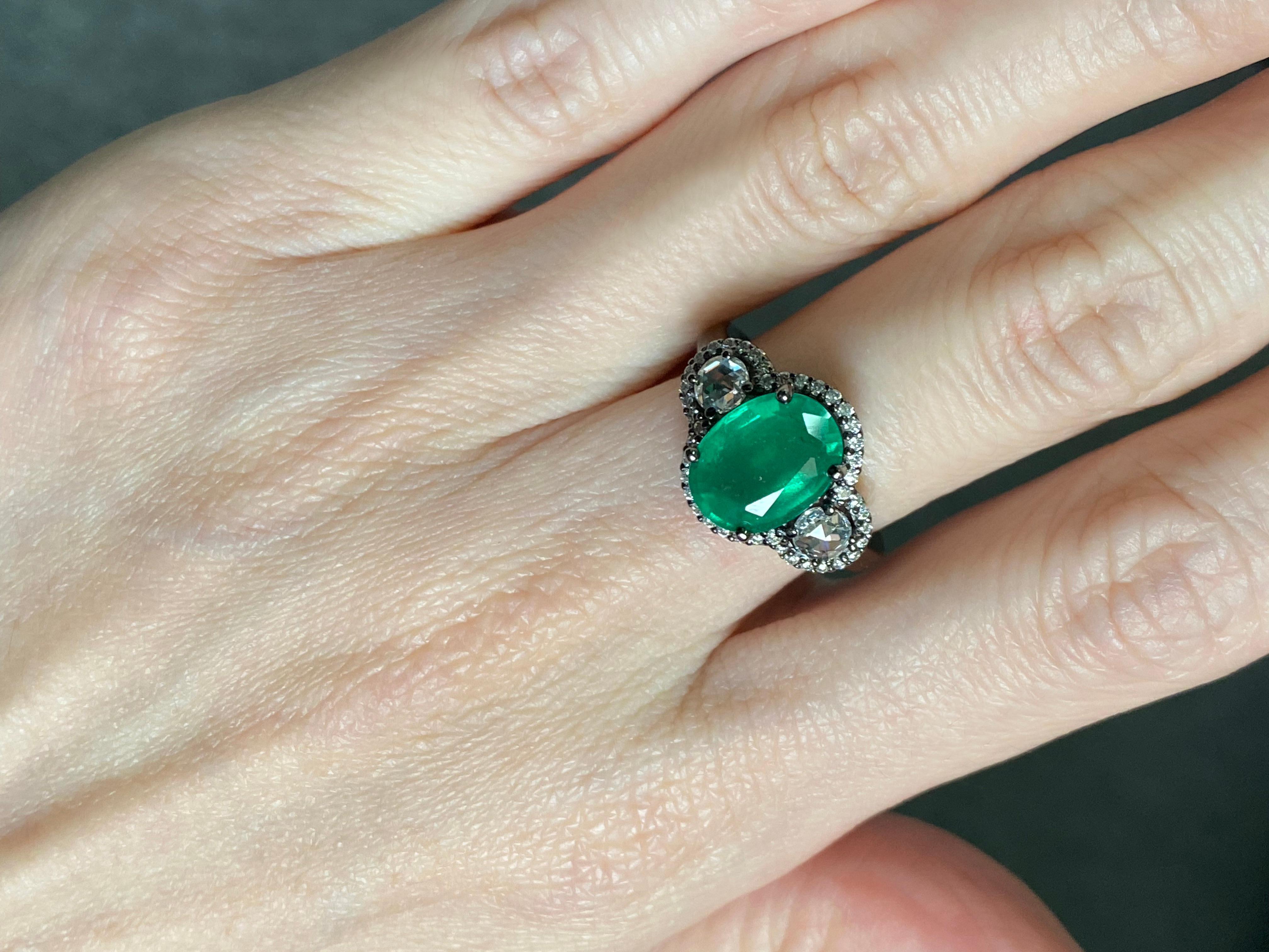 Art Deco 3.01 Carat Zambian Oval Emerald & Diamond Engagement Ring For Sale 1