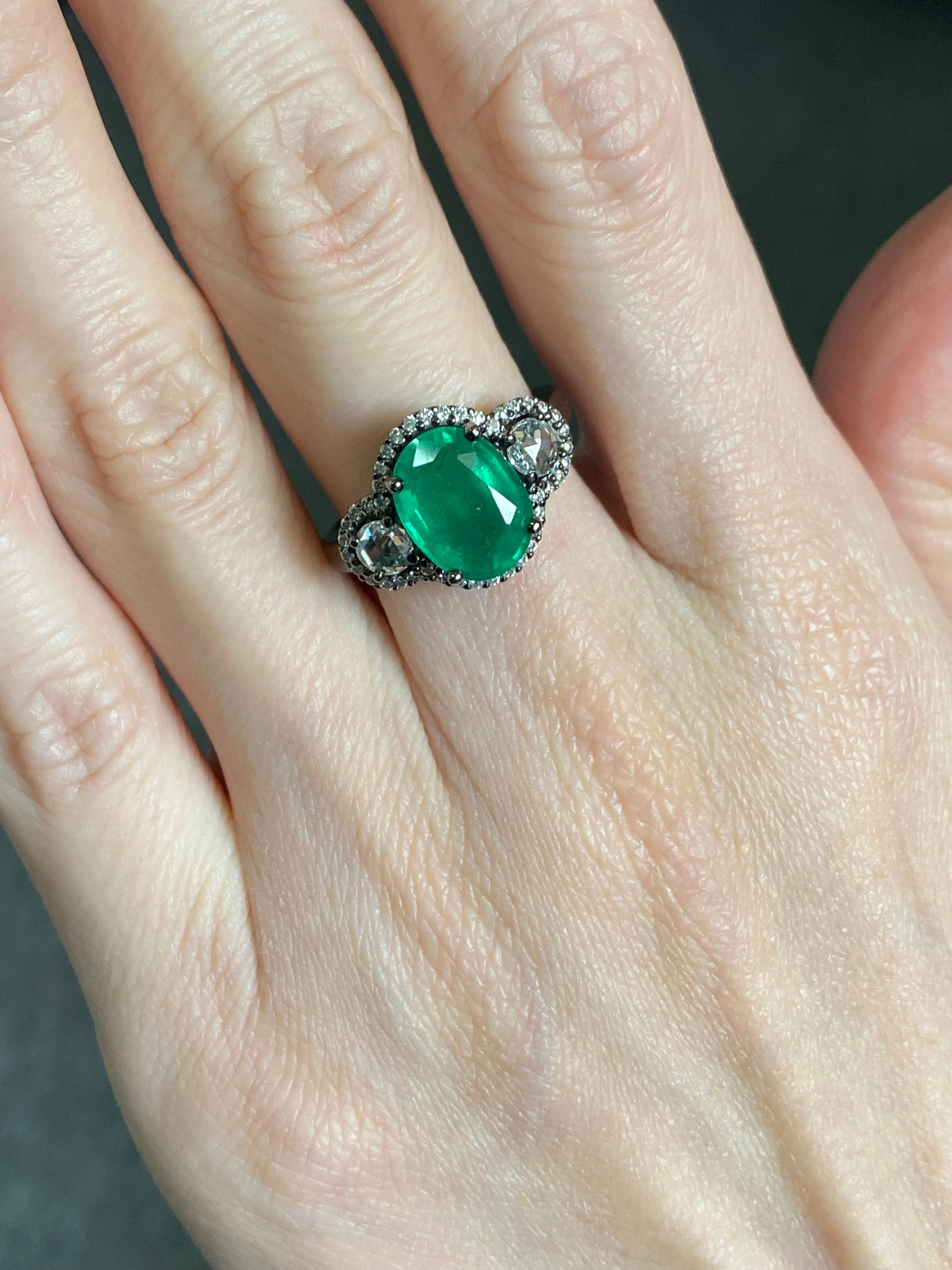 Art Deco 3.01 Carat Zambian Oval Emerald & Diamond Engagement Ring For Sale 1