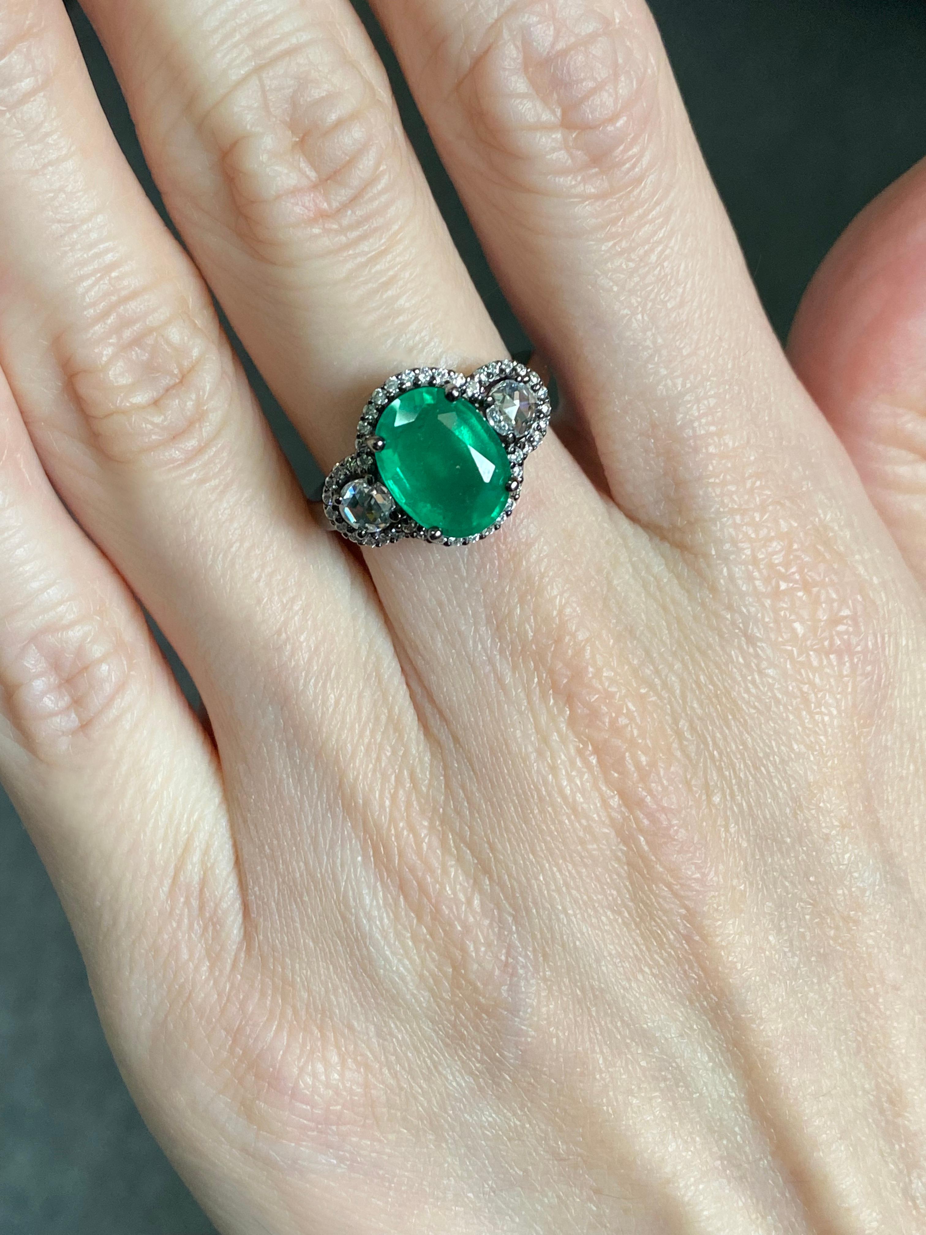 Art Deco 3.01 Carat Zambian Oval Emerald & Diamond Engagement Ring For Sale 2