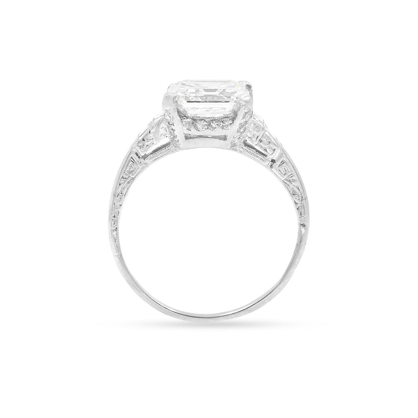 Art Deco 3.02 Carat GIA Certified Emerald Cut Diamond Engagement Ring In Excellent Condition In Los Angeles, CA