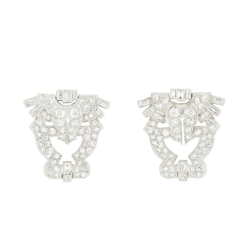 Old Mine Cut Art Deco 3.02ct Diamond Double Clip Brooch, c.1920s For Sale