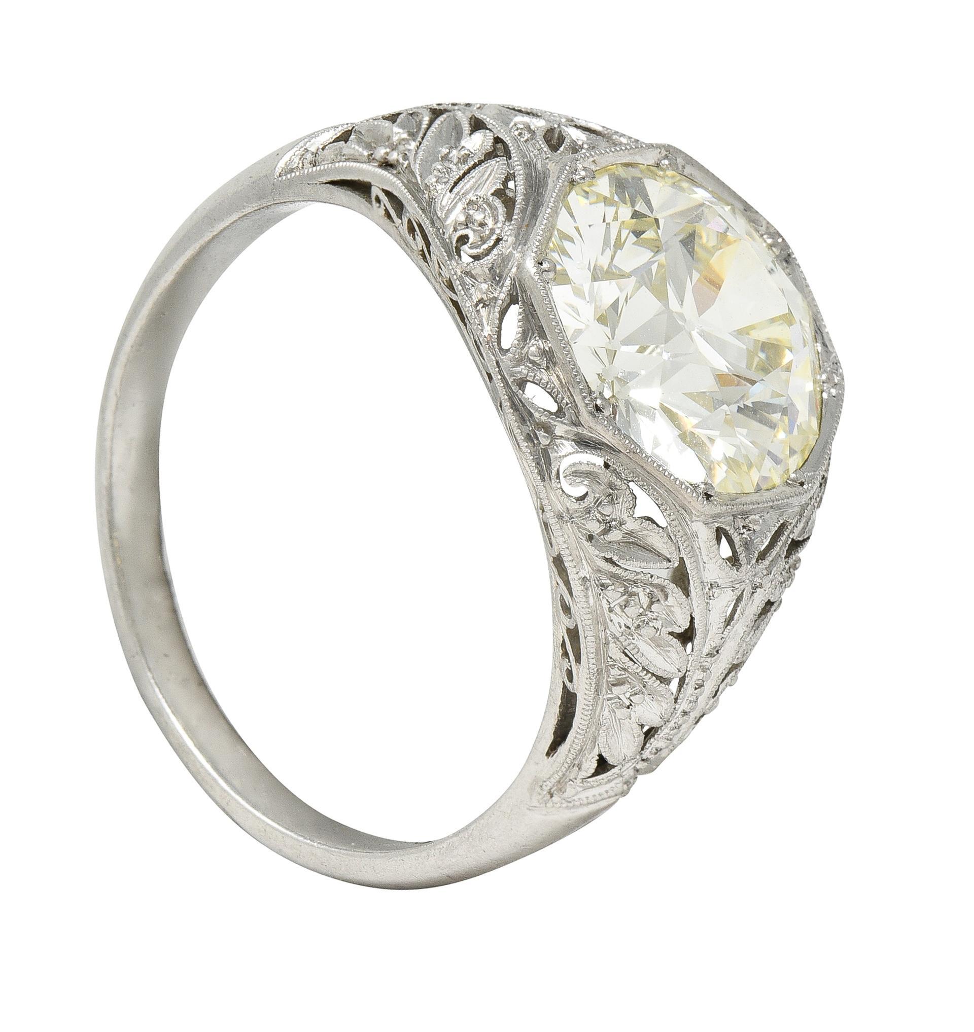 Art Deco 3.03 CTW Old European Cut Diamond Platinum Scrolling Engagement Ring For Sale 7