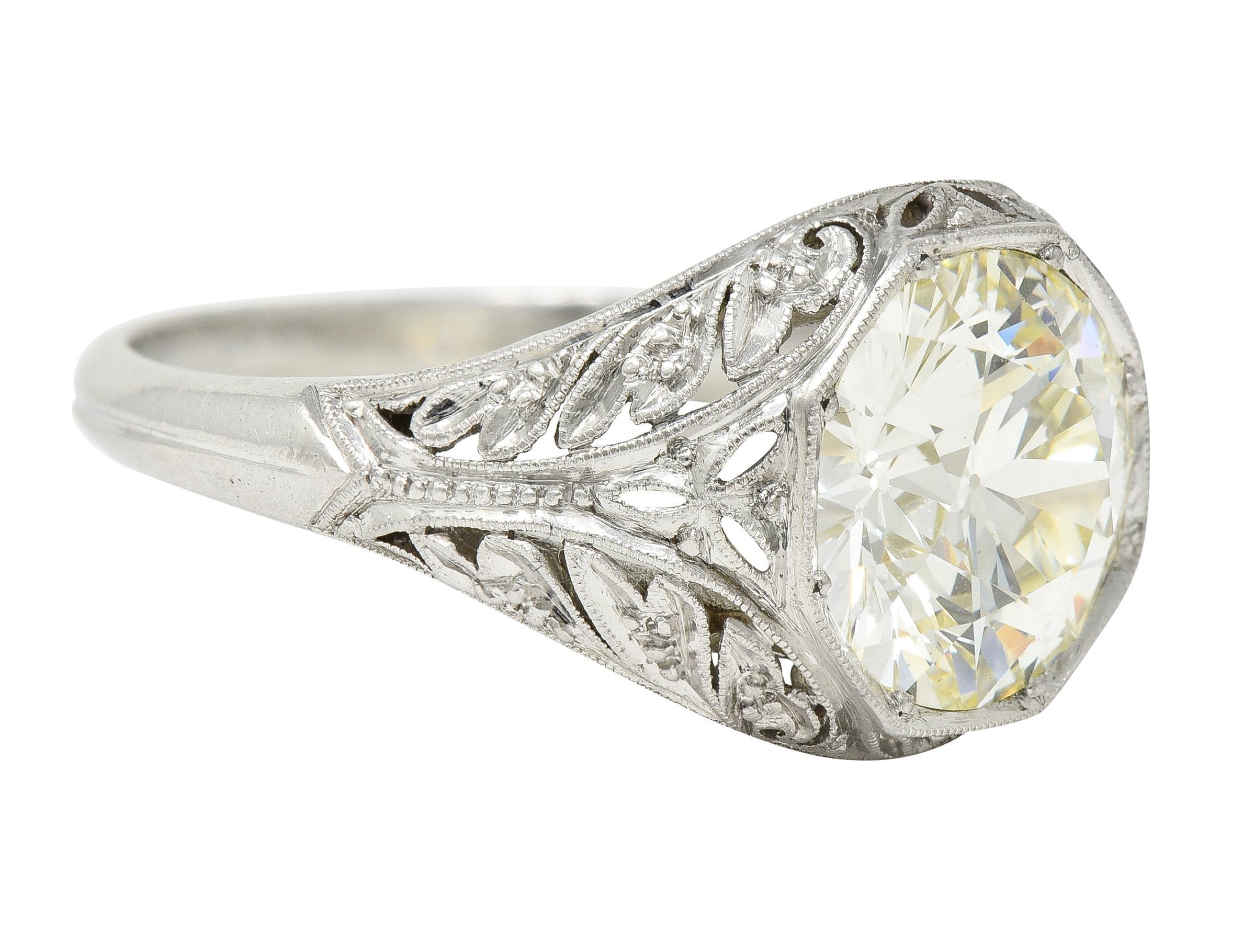 Art Deco 3.03 CTW Old European Cut Diamond Platinum Scrolling Engagement Ring In Excellent Condition For Sale In Philadelphia, PA