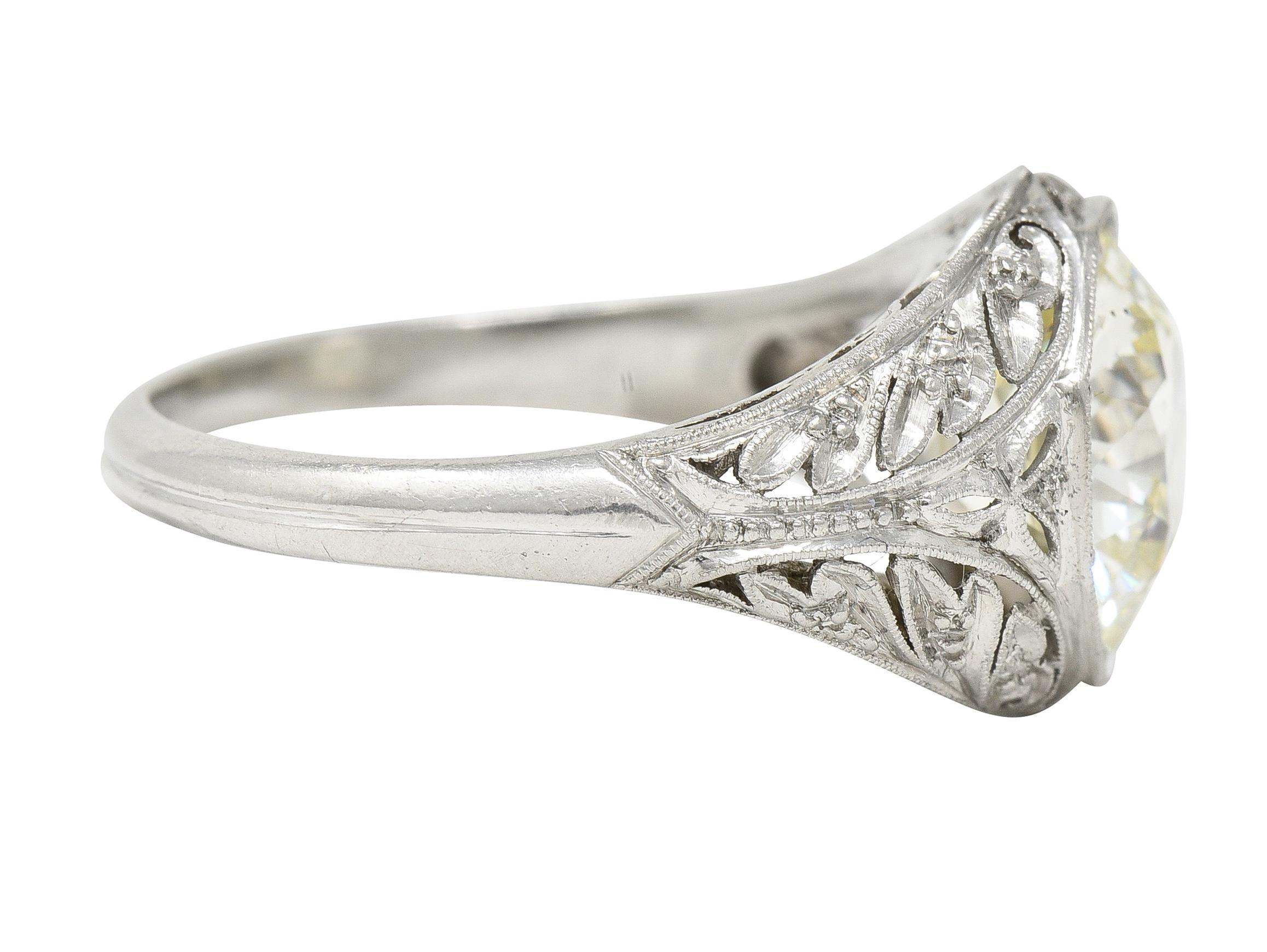 Women's or Men's Art Deco 3.03 CTW Old European Cut Diamond Platinum Scrolling Engagement Ring For Sale