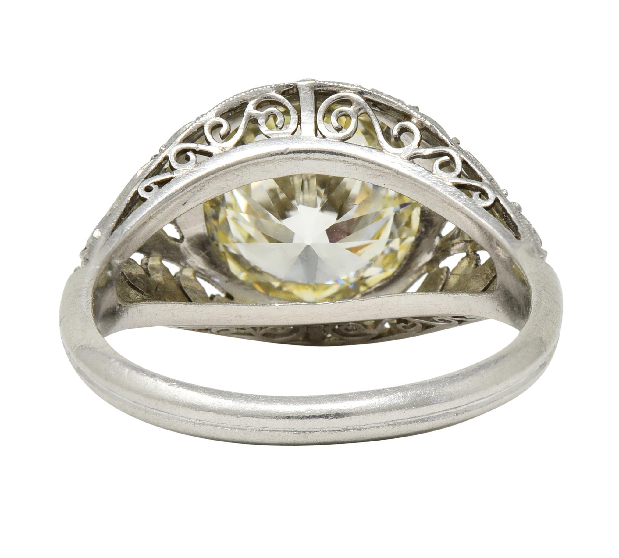 Art Deco 3.03 CTW Old European Cut Diamond Platinum Scrolling Engagement Ring For Sale 1