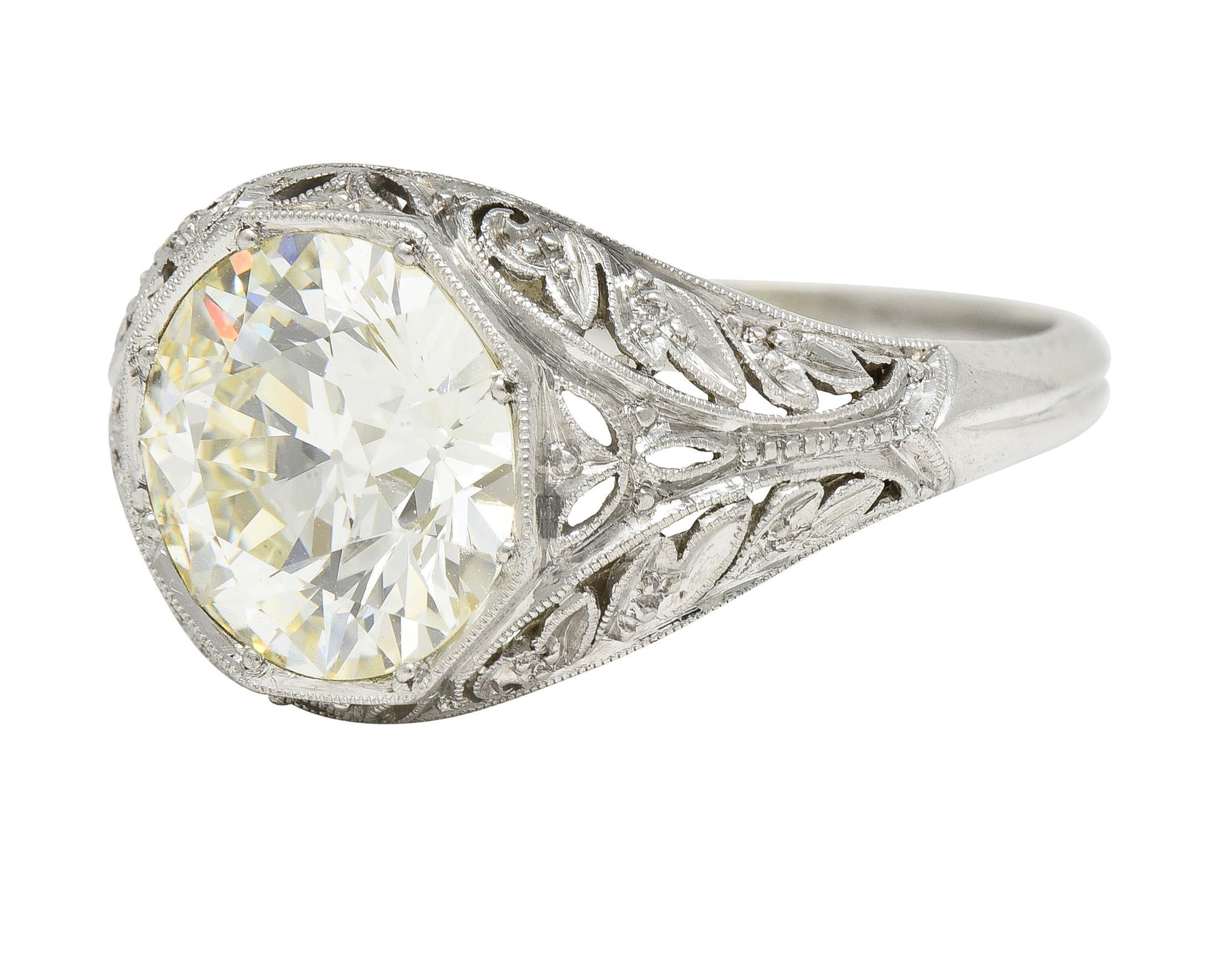 Art Deco 3.03 CTW Old European Cut Diamond Platinum Scrolling Engagement Ring For Sale 3
