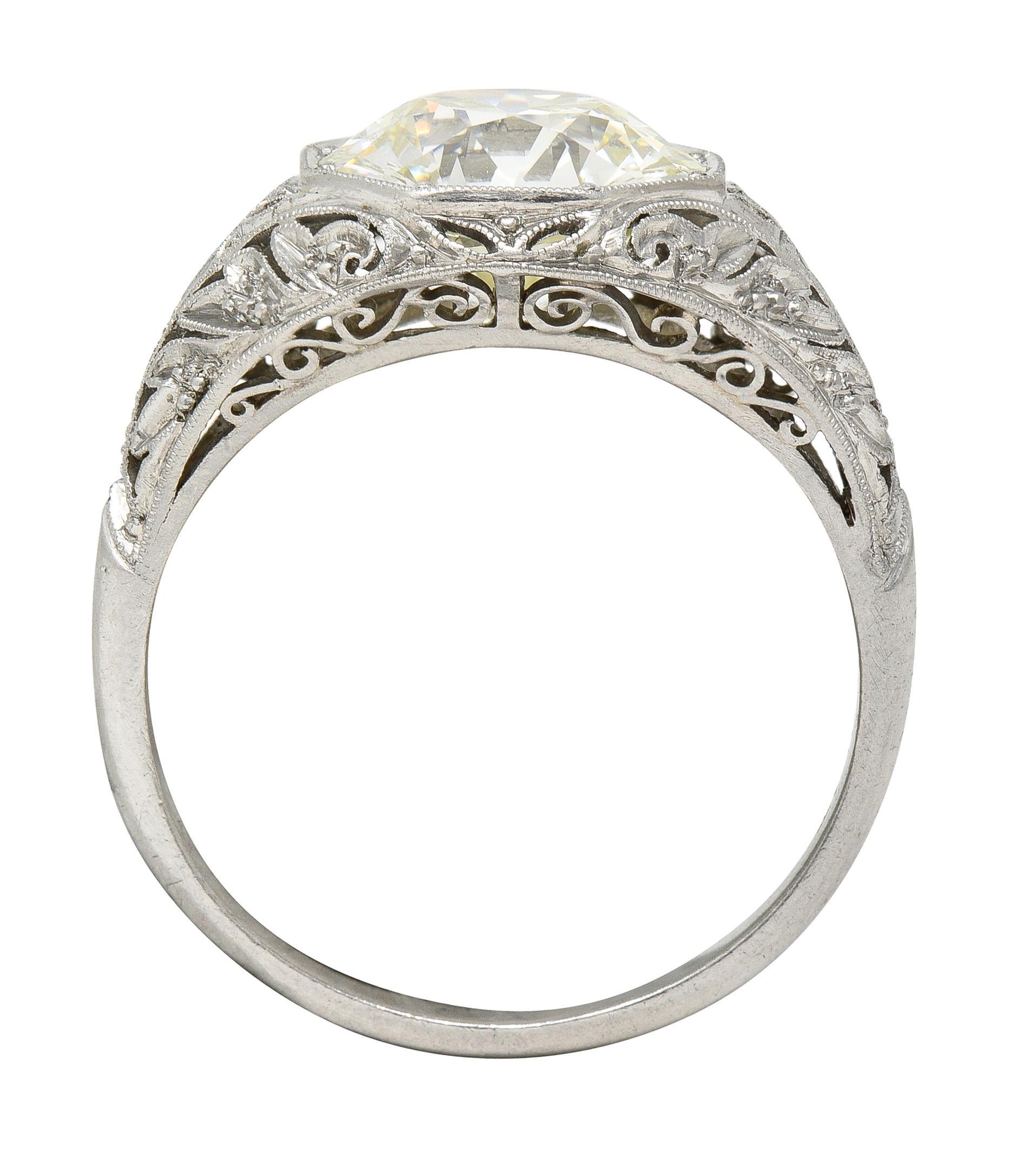 Art Deco 3.03 CTW Old European Cut Diamond Platinum Scrolling Engagement Ring For Sale 5