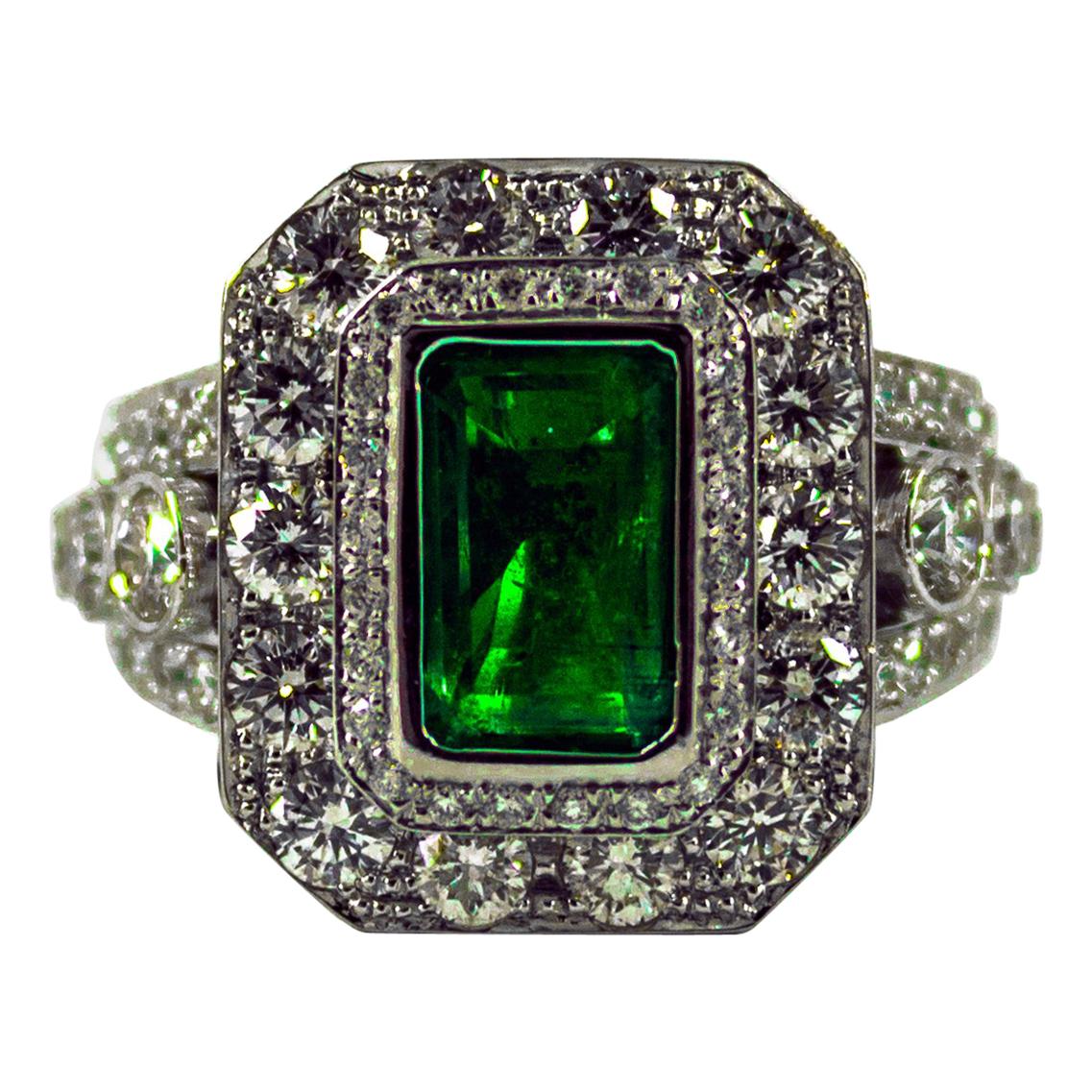 Art Deco 3.05 Carat Emerald 3.52 Carat White Diamond White Gold Cocktail Ring