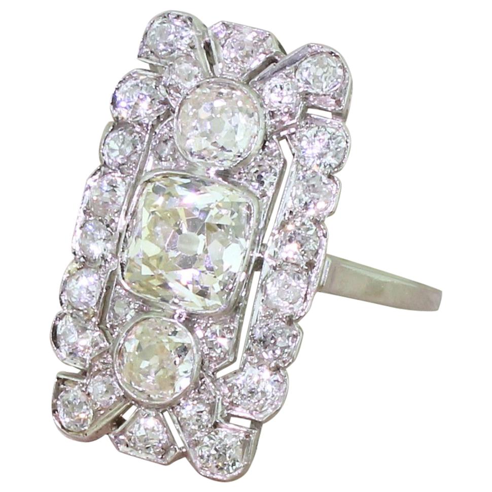 Art Deco 3.05 Carat Old Cut Diamond Plaque Ring For Sale