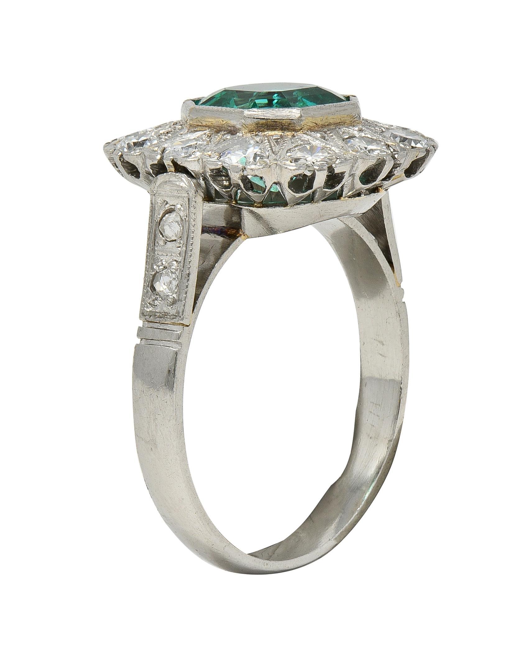 Art of Vintage 3.05 CTW No Oil Colombian Emerald Diamond Platinum Vintage Halo Ring In condizioni ottime in vendita a Philadelphia, PA