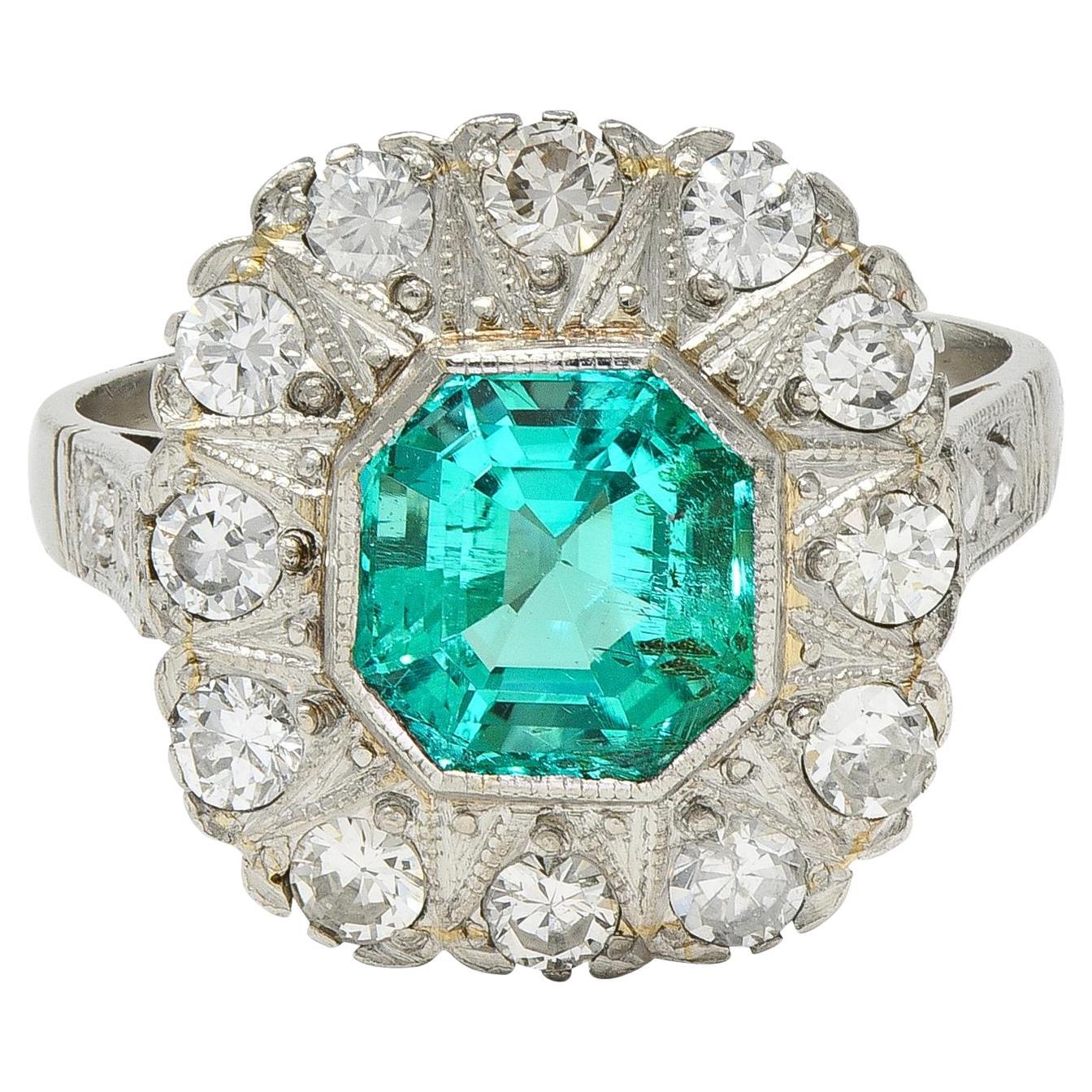 Art of Vintage 3.05 CTW No Oil Colombian Emerald Diamond Platinum Vintage Halo Ring