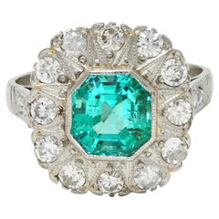 Art Deco 3.05 CTW No Oil Colombian Emerald Diamond Platinum Vintage Halo Ring