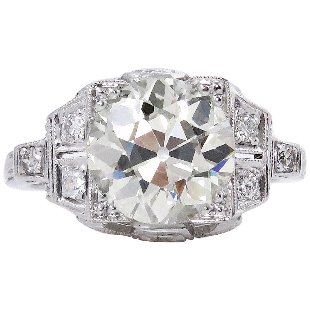 Art Deco GIA 3.05 Carat Old European Diamond Wedding Platinum Ring