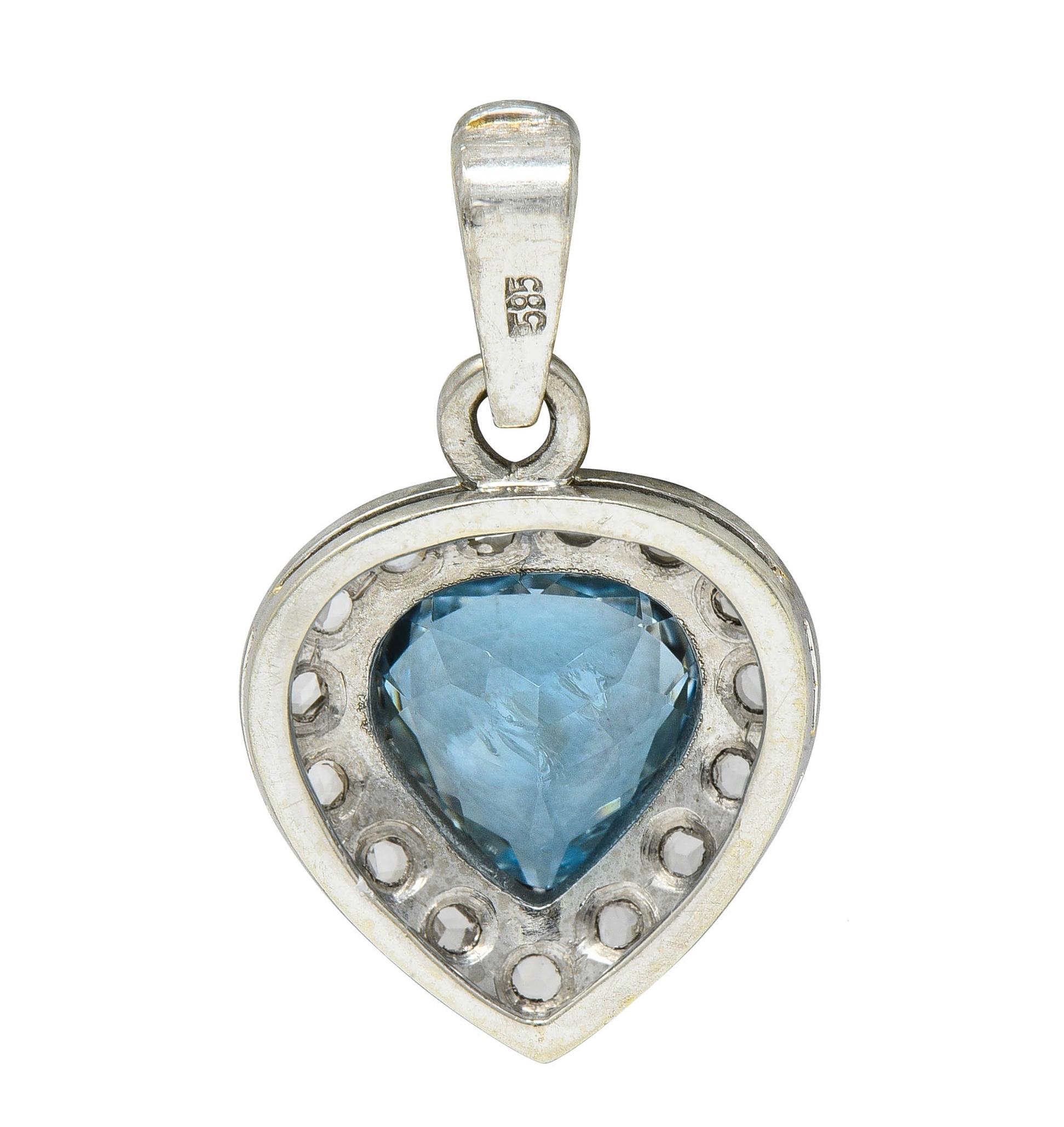 Rose Cut Art Deco 3.07 CTW Aquamarine Diamond 14 Karat White Gold Vintage Heart Pendant For Sale