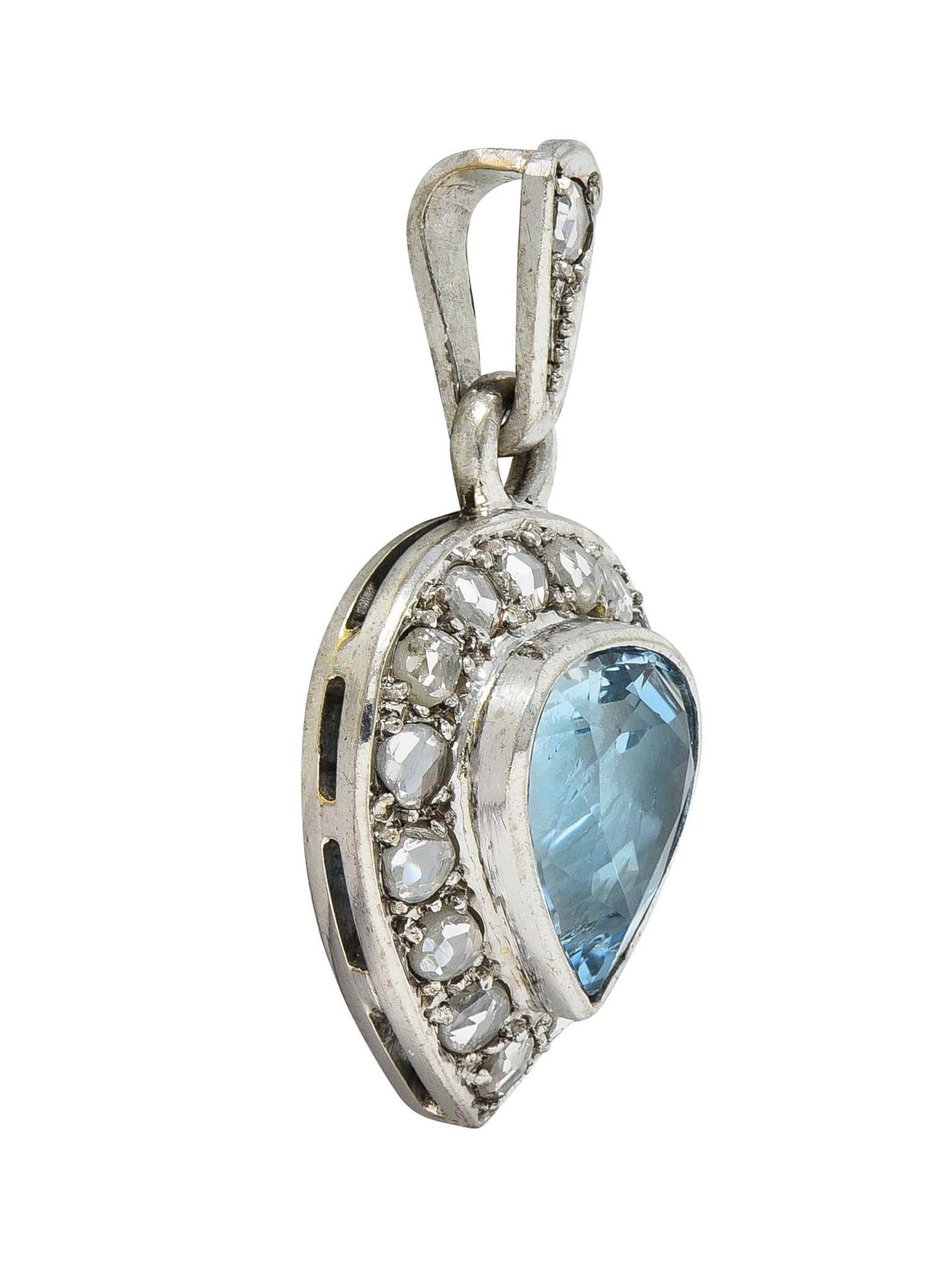 Art Deco 3.07 CTW Aquamarine Diamond 14 Karat White Gold Vintage Heart Pendant In Excellent Condition For Sale In Philadelphia, PA
