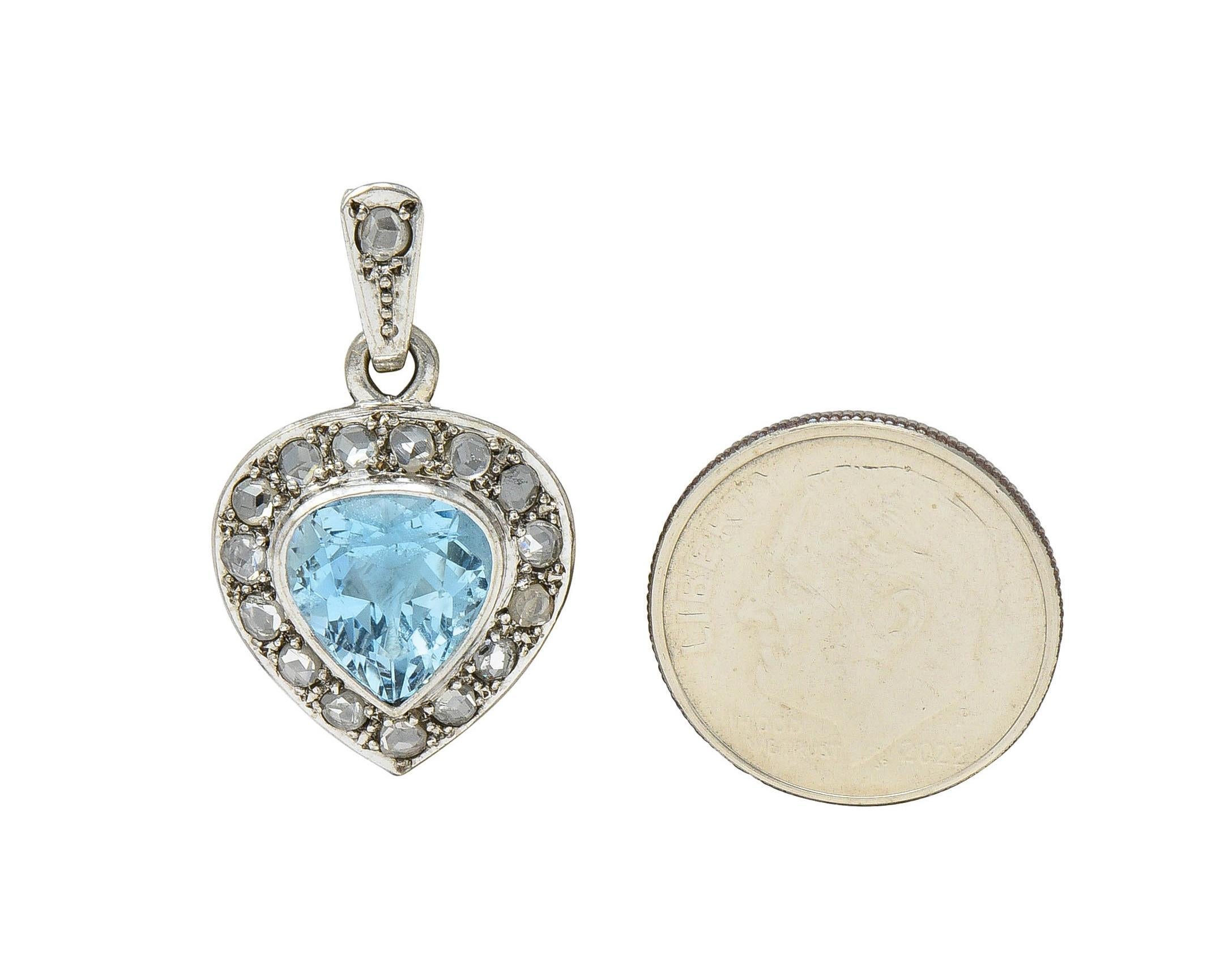 Women's or Men's Art Deco 3.07 CTW Aquamarine Diamond 14 Karat White Gold Vintage Heart Pendant For Sale