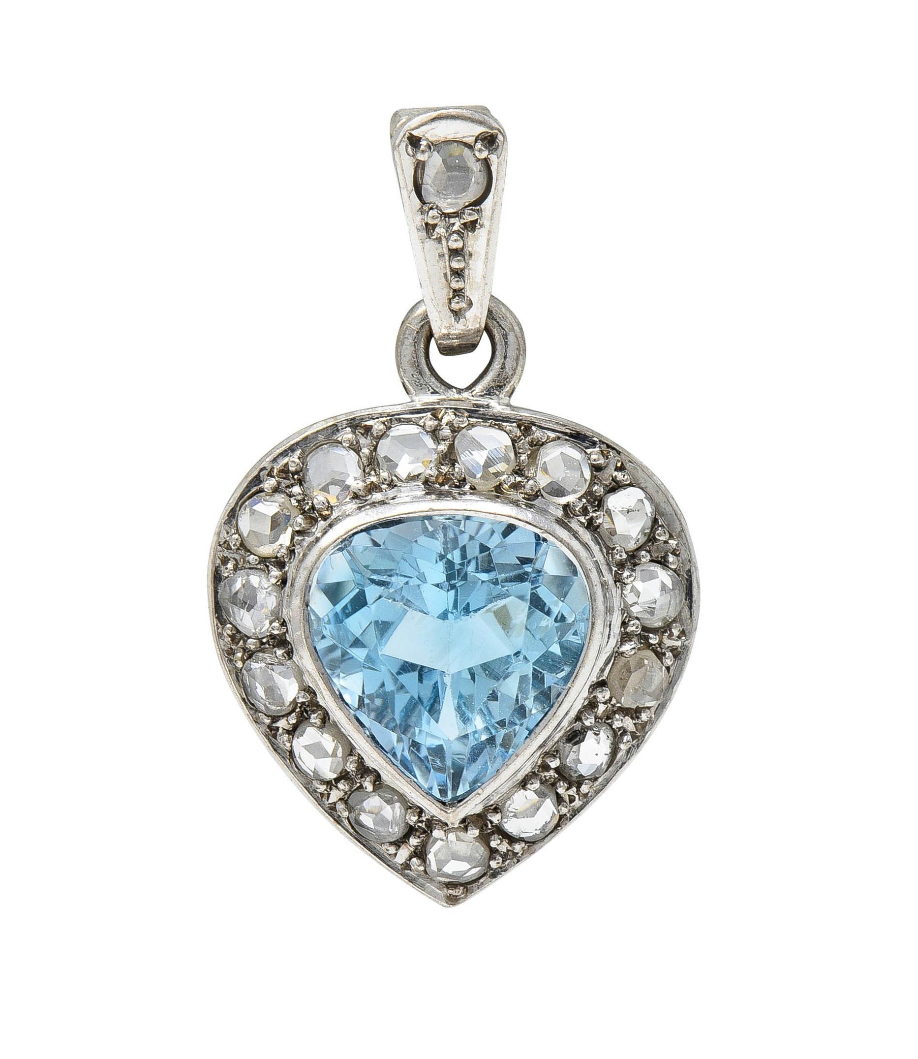 Art Deco 3.07 CTW Aquamarine Diamond 14 Karat White Gold Vintage Heart Pendant For Sale 3