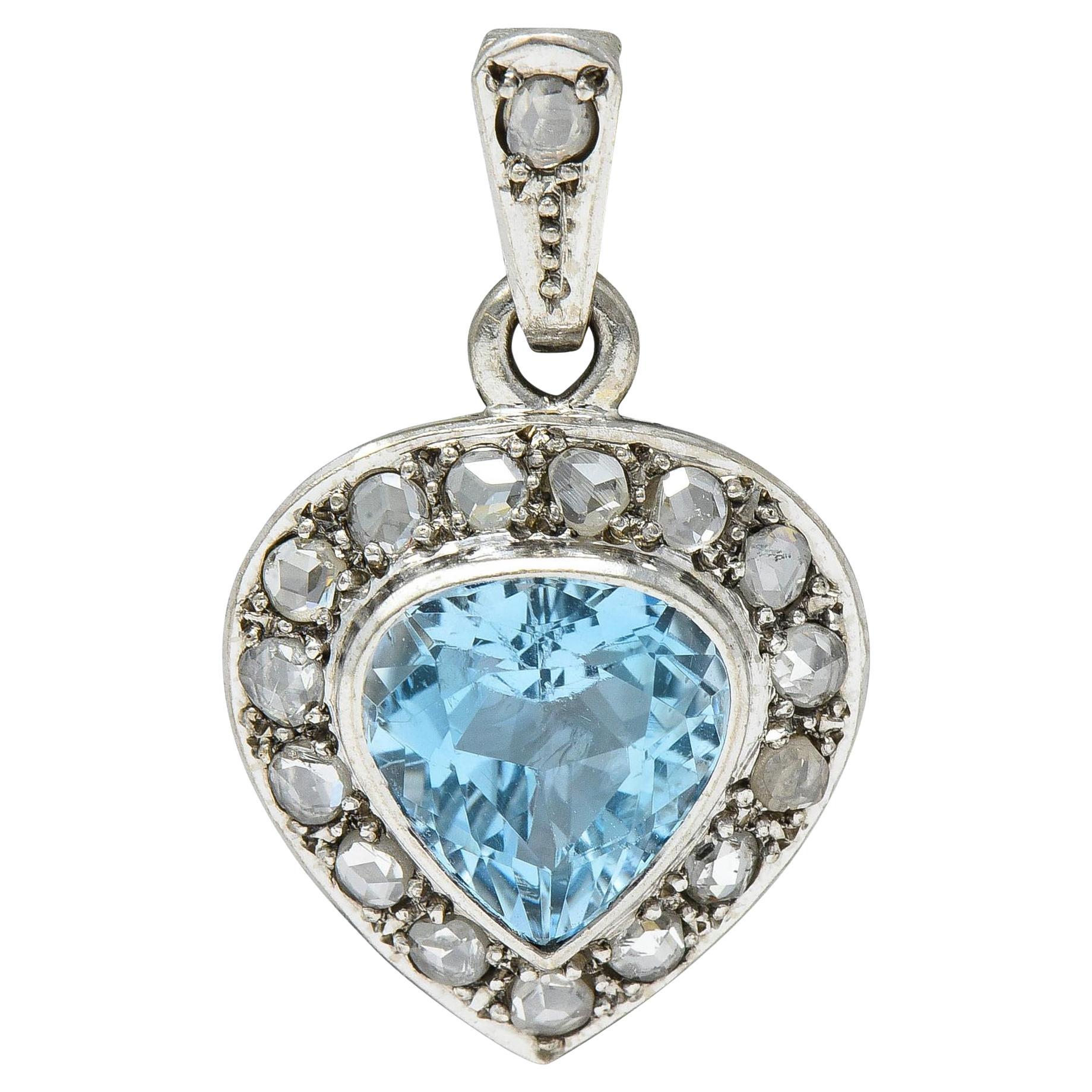 Art Deco 3.07 CTW Aquamarine Diamond 14 Karat White Gold Vintage Heart Pendant For Sale
