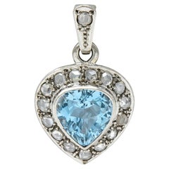 Art Deco 3.07 CTW Aquamarine Diamond 14 Karat White Gold Vintage Heart Pendant