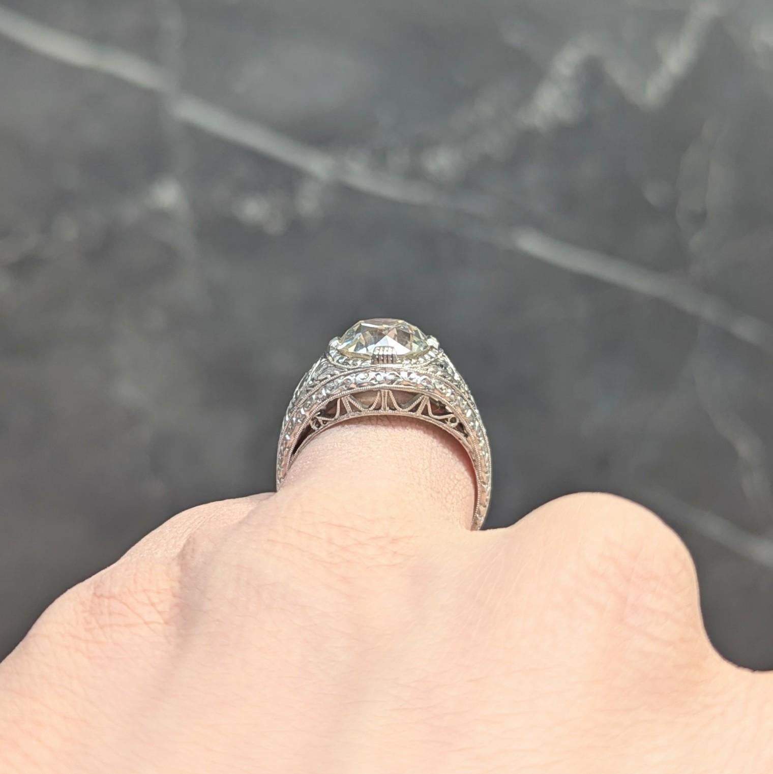 Art Deco 3.07 CTW Old European Diamond Platinum Vintage Foliate Engagement Ring For Sale 6