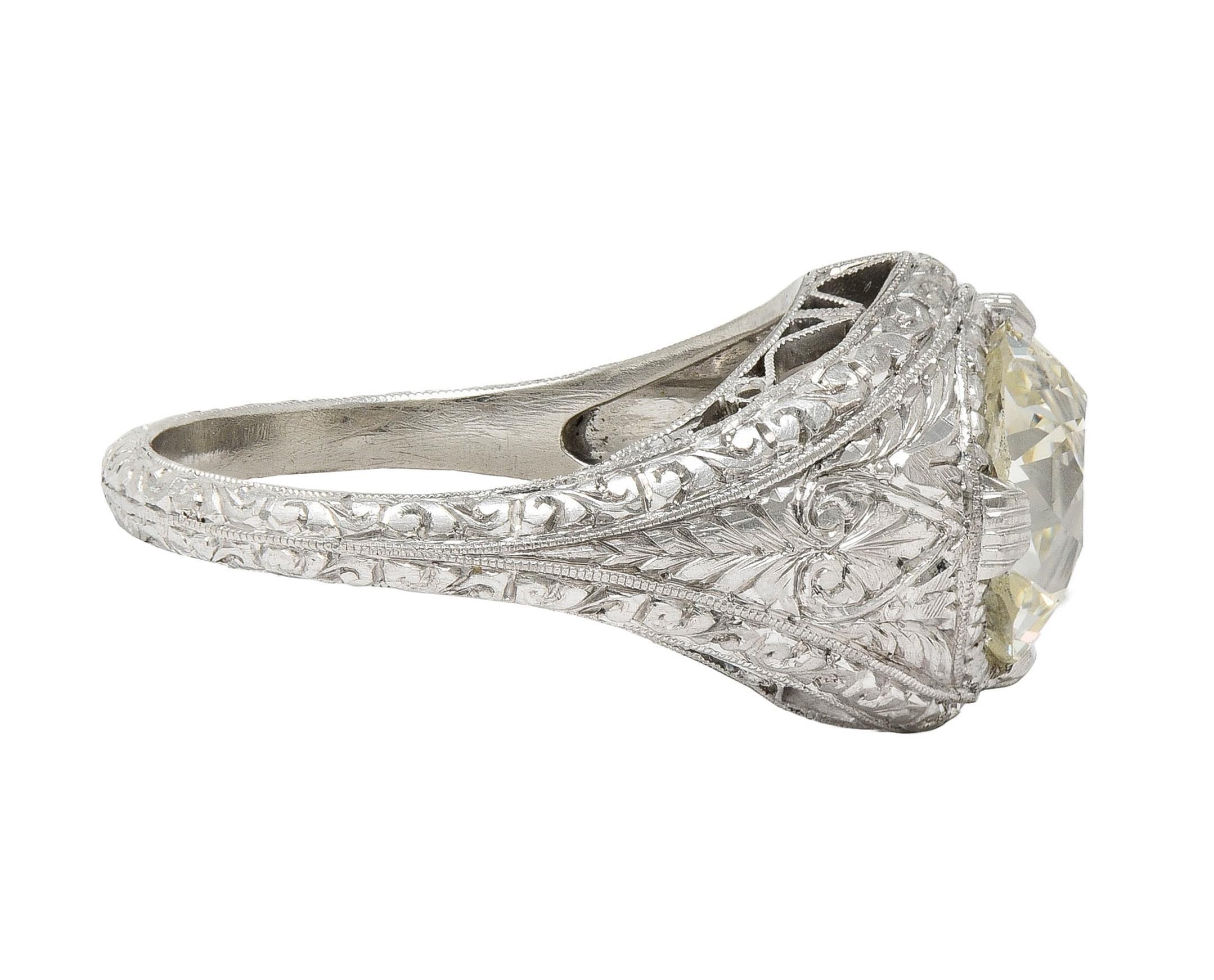 Art Deco 3.07 CTW Old European Diamond Platinum Vintage Foliate Engagement Ring In Excellent Condition For Sale In Philadelphia, PA