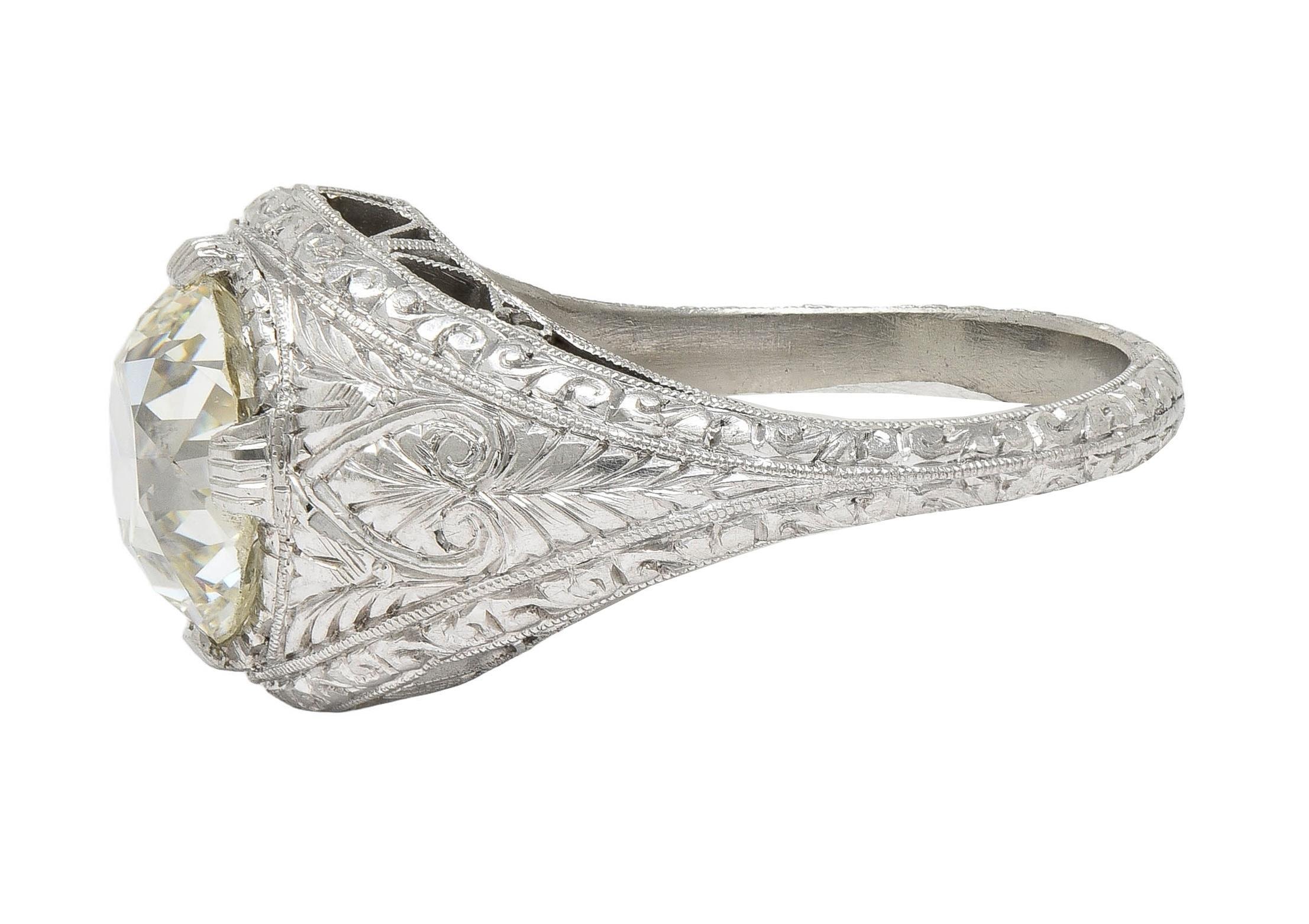 Art Deco 3.07 CTW Old European Diamond Platinum Vintage Foliate Engagement Ring For Sale 1