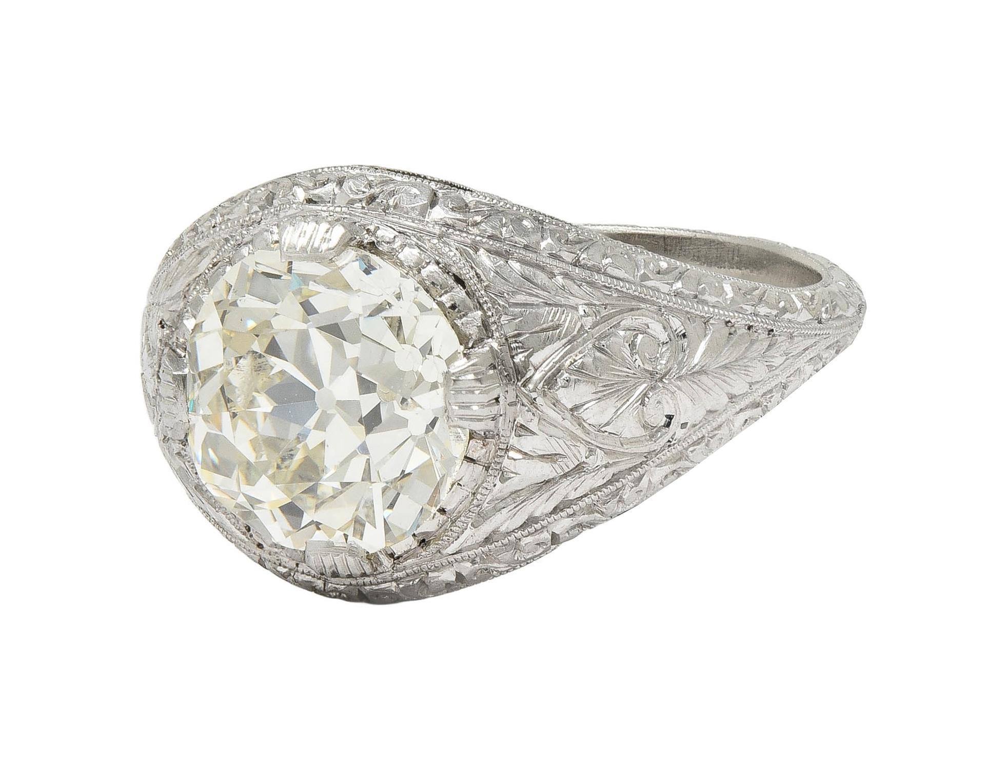 Art Deco 3.07 CTW Old European Diamond Platinum Vintage Foliate Engagement Ring For Sale 2