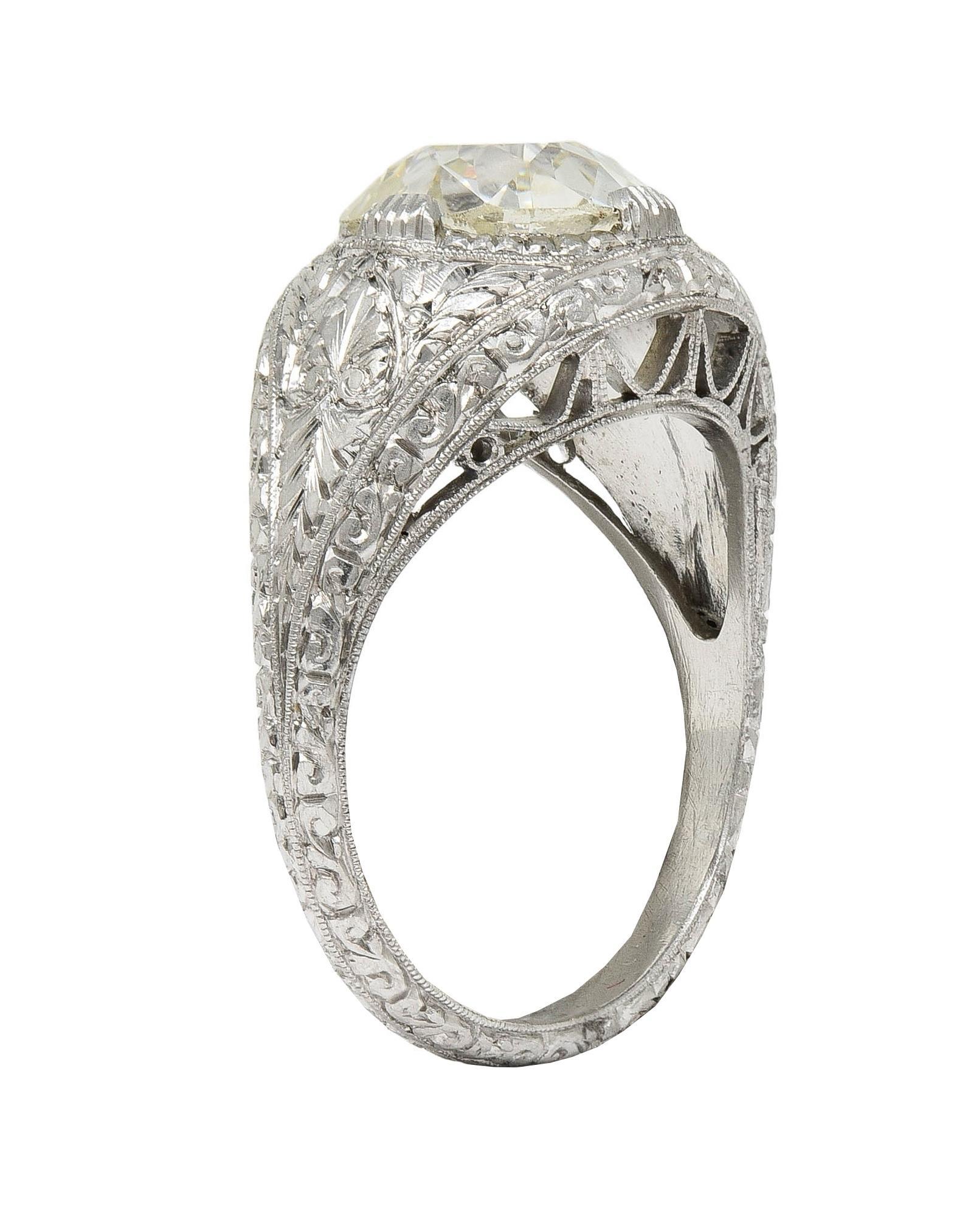 Art Deco 3.07 CTW Old European Diamond Platinum Vintage Foliate Engagement Ring For Sale 3