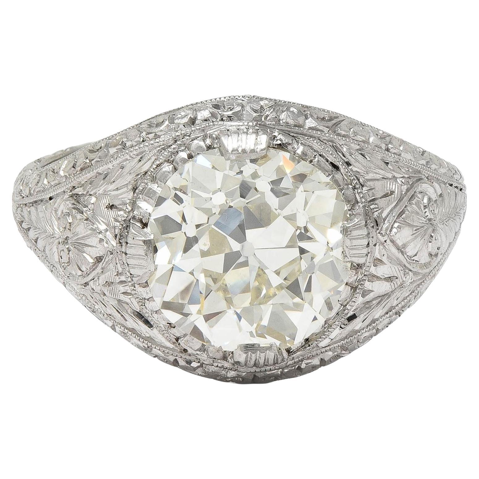 Bague de fiançailles Art Déco 3,07 ct. pt. diamant européen ancien platine feuillage vintage