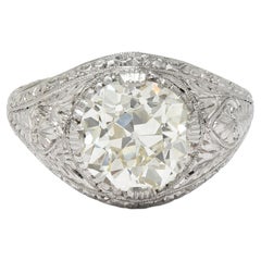 Bague de fiançailles Art Déco 3,07 ct. pt. diamant européen ancien platine feuillage vintage