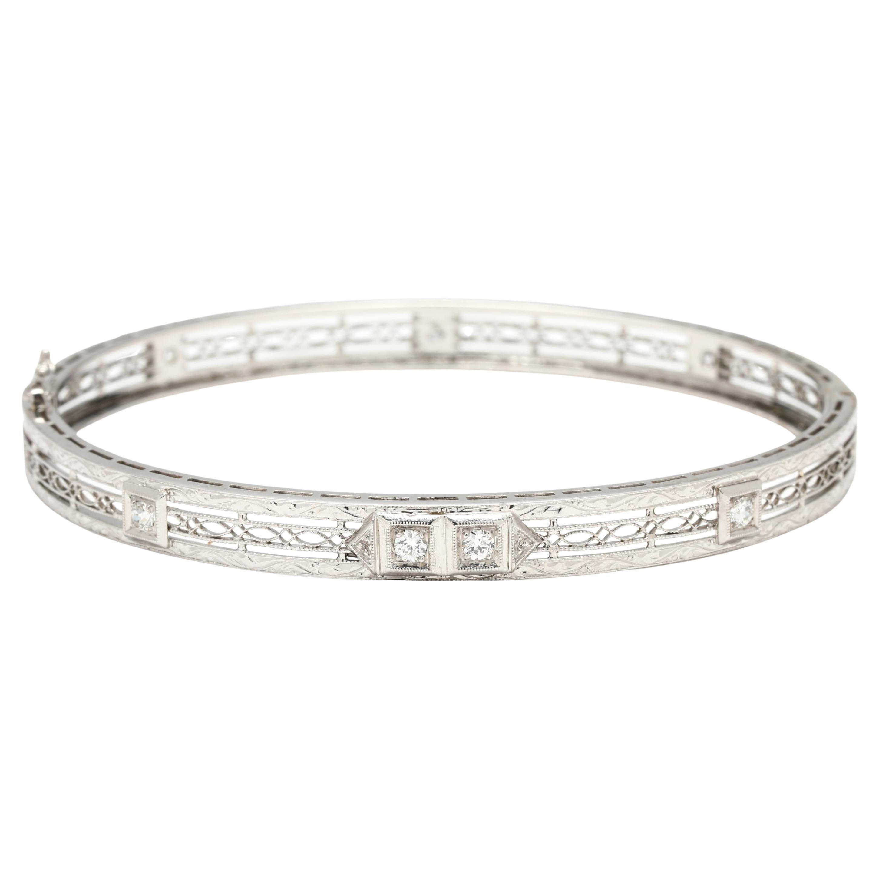 Art Deco .30ctw Diamond Bangle Bracelet, 14k White Gold, Length 7 Inches