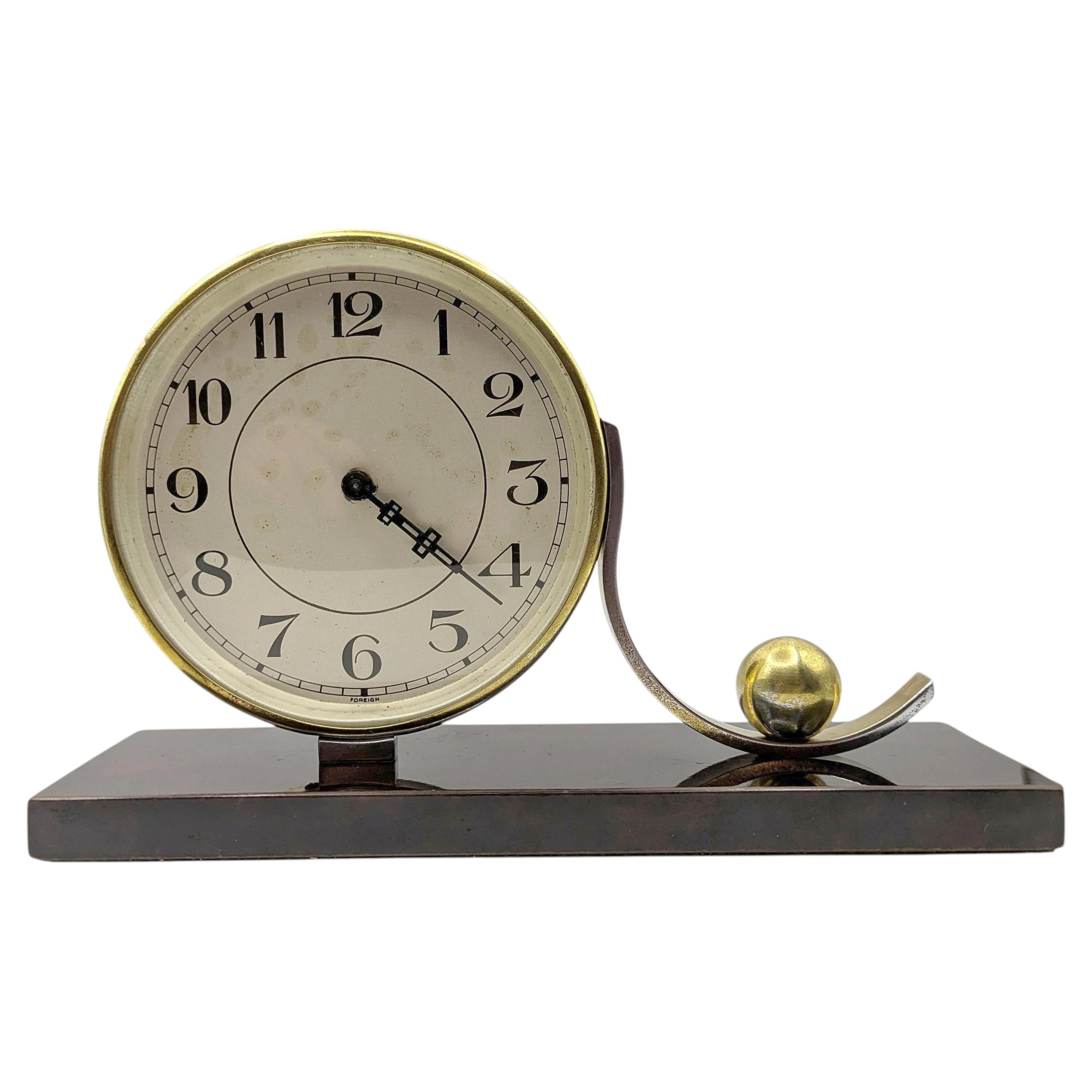Art Deco 30hr Desk Clock On A Bakelite Base, Fully Serviced. c1930