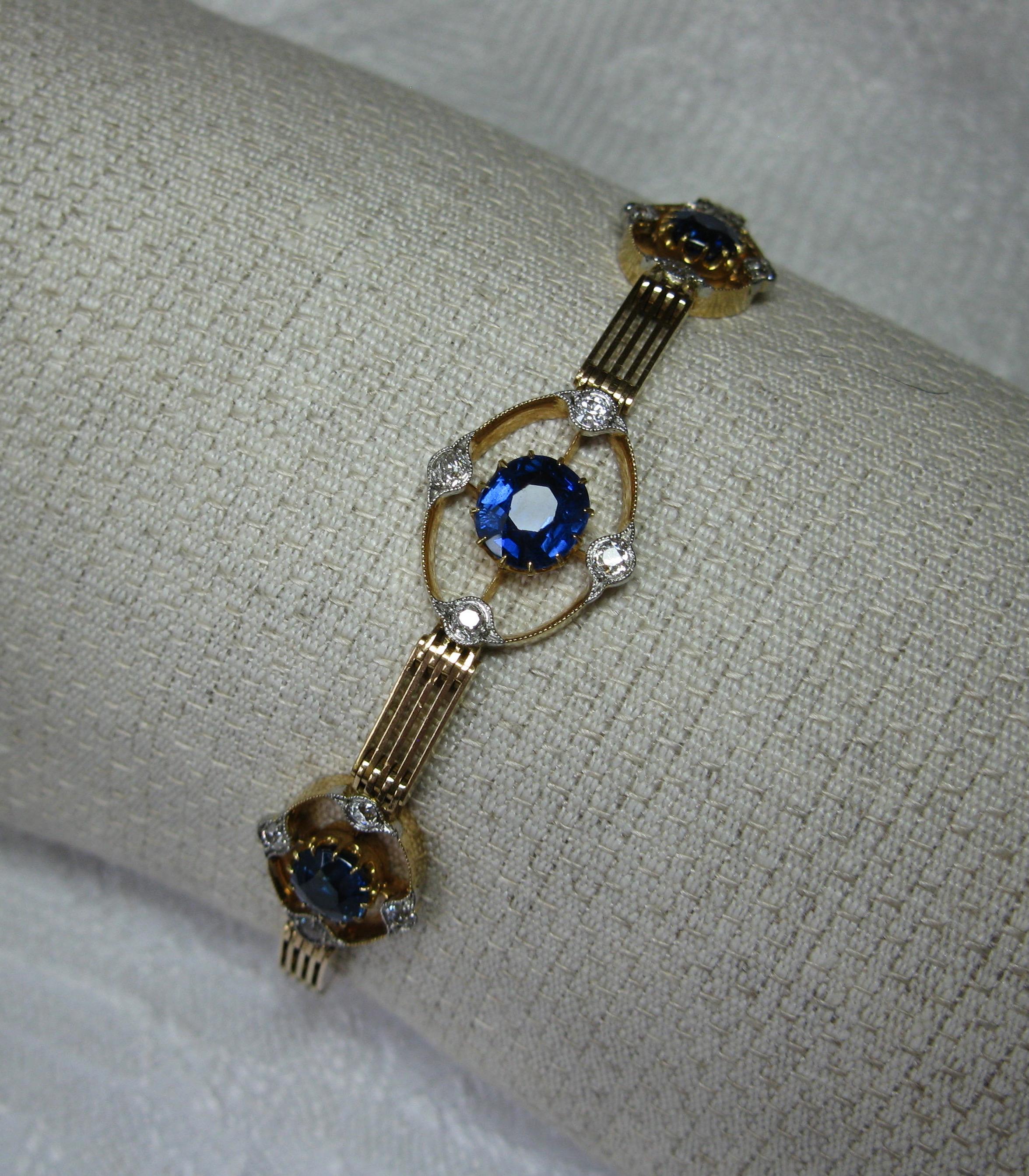 Art Deco 3.1 Carat Sapphire Diamond Bracelet 15 Karat Gold Edwardian For Sale 4