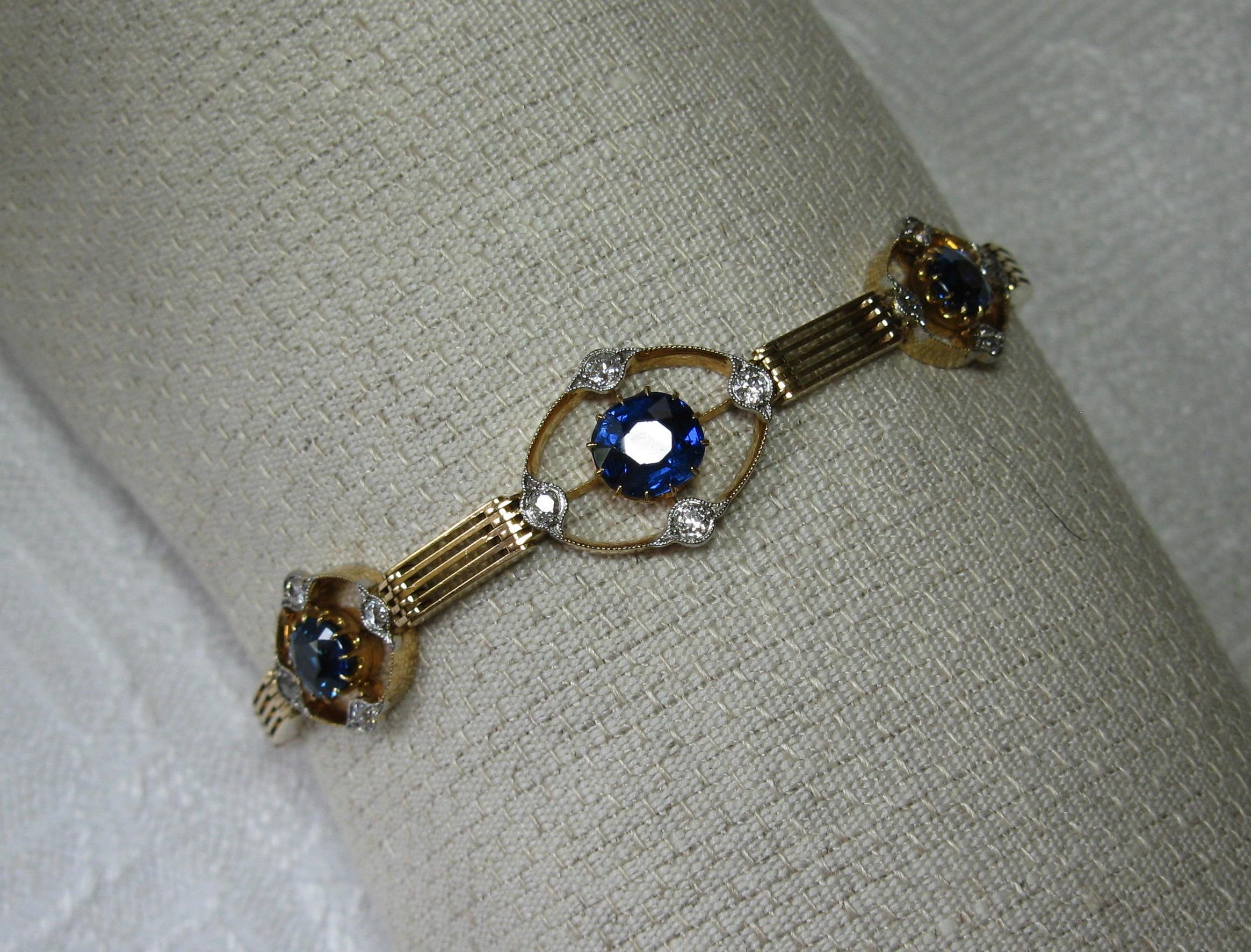 Art Deco 3.1 Carat Sapphire Diamond Bracelet 15 Karat Gold Edwardian For Sale 5