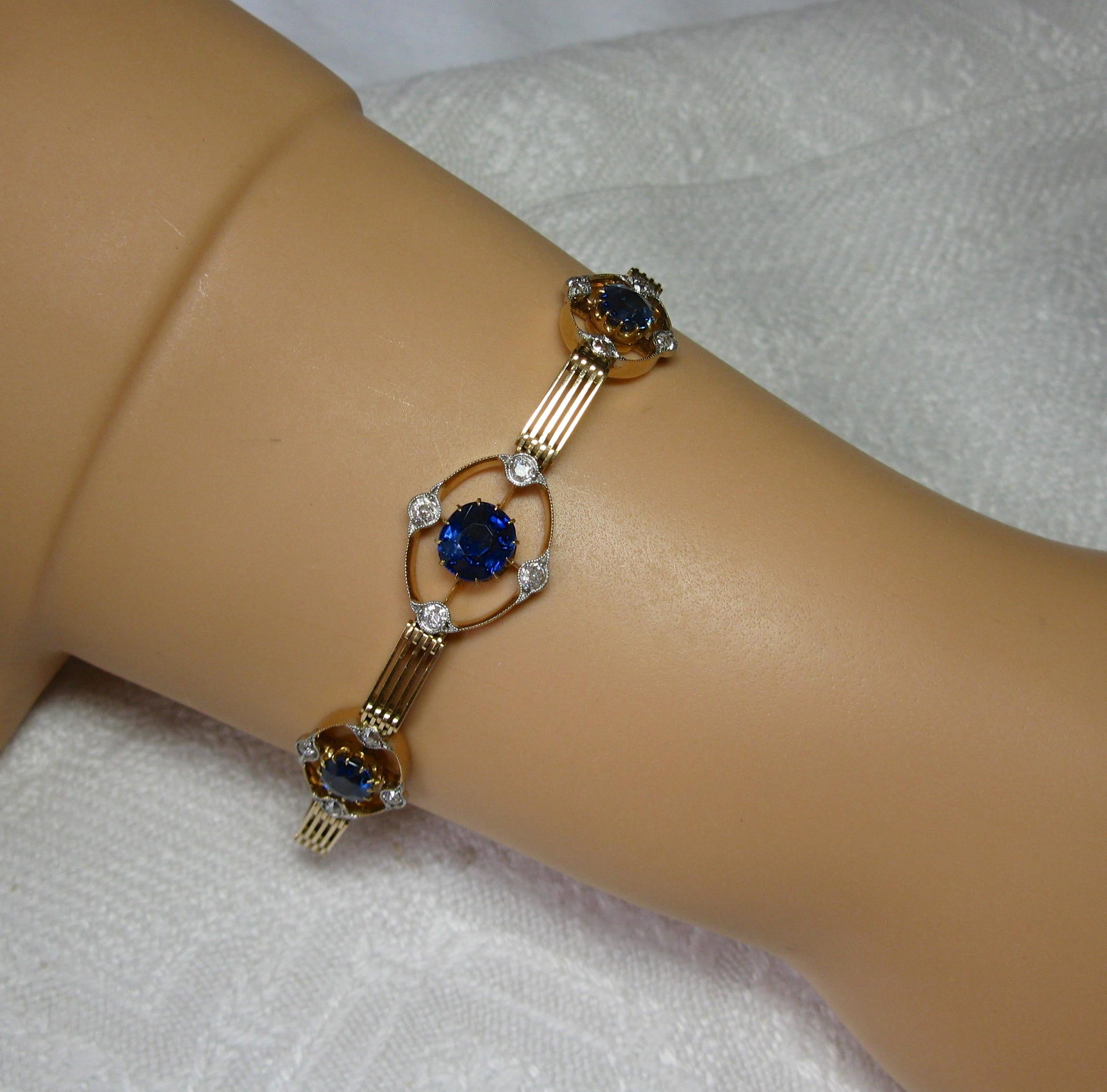 Art Deco 3.1 Carat Sapphire Diamond Bracelet 15 Karat Gold Edwardian For Sale 6