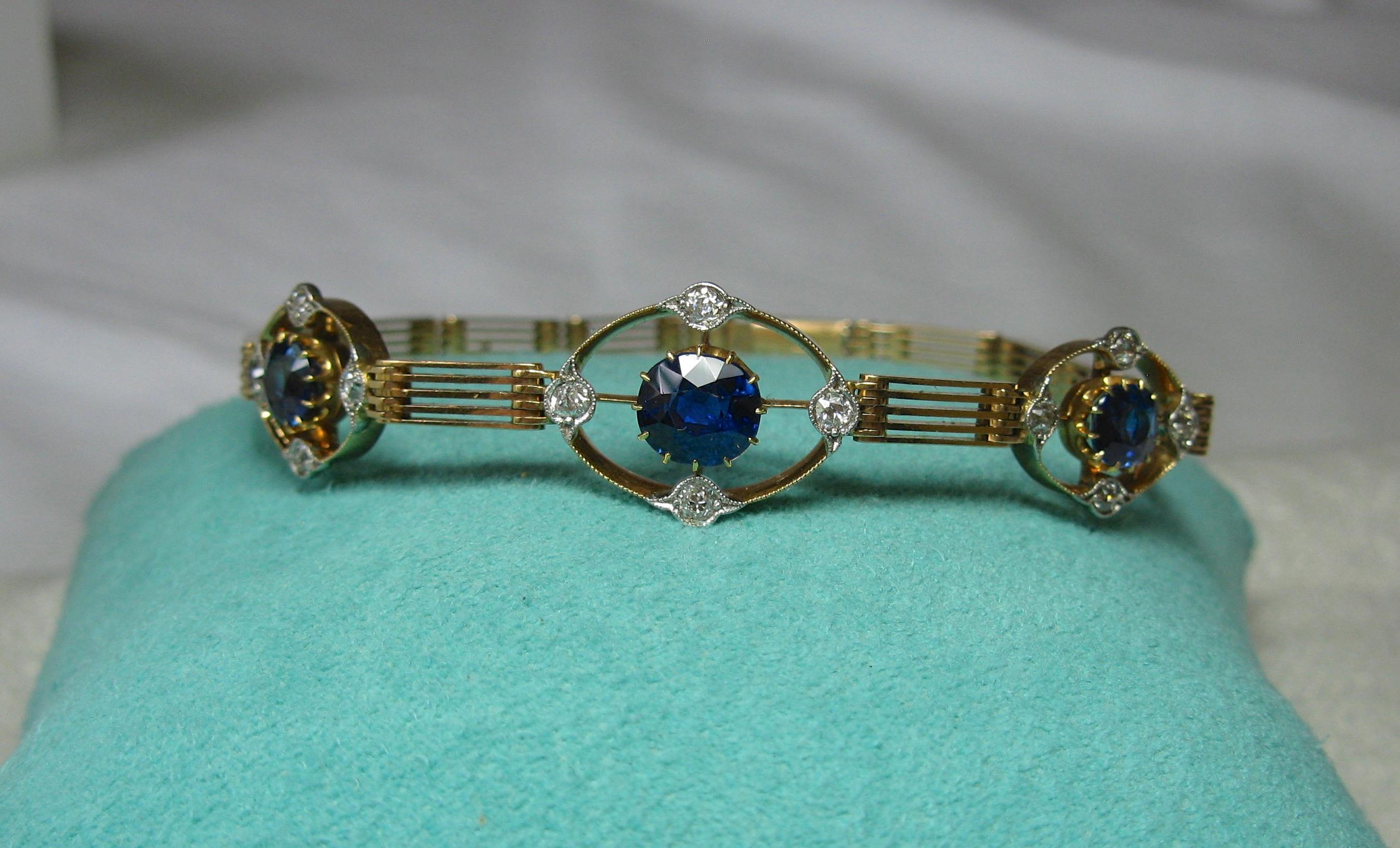 Old European Cut Art Deco 3.1 Carat Sapphire Diamond Bracelet 15 Karat Gold Edwardian For Sale